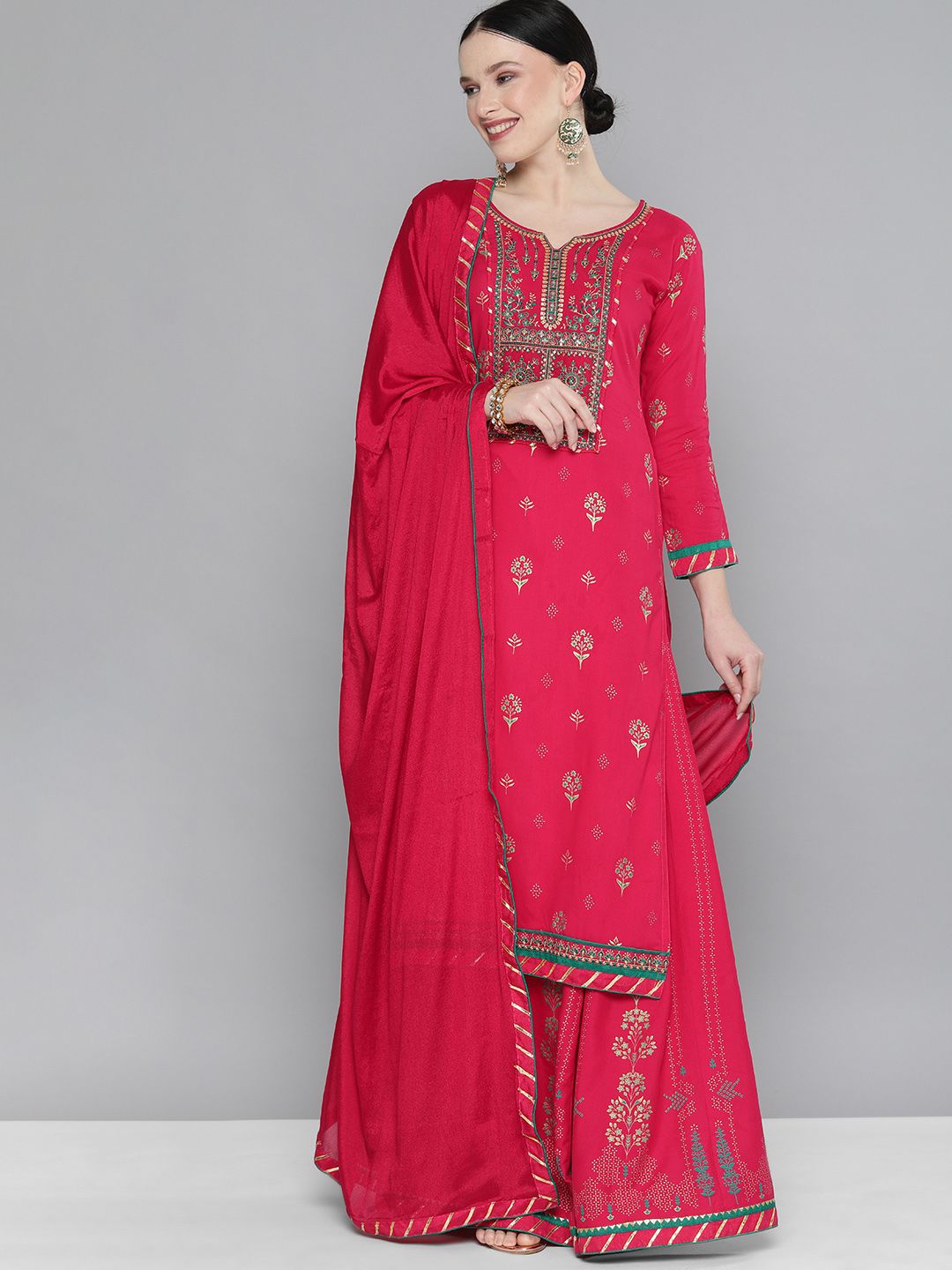 Kvsfab Women Pink Ethnic Motifs Regular Kurta with Skirt & With Dupatta Price in India