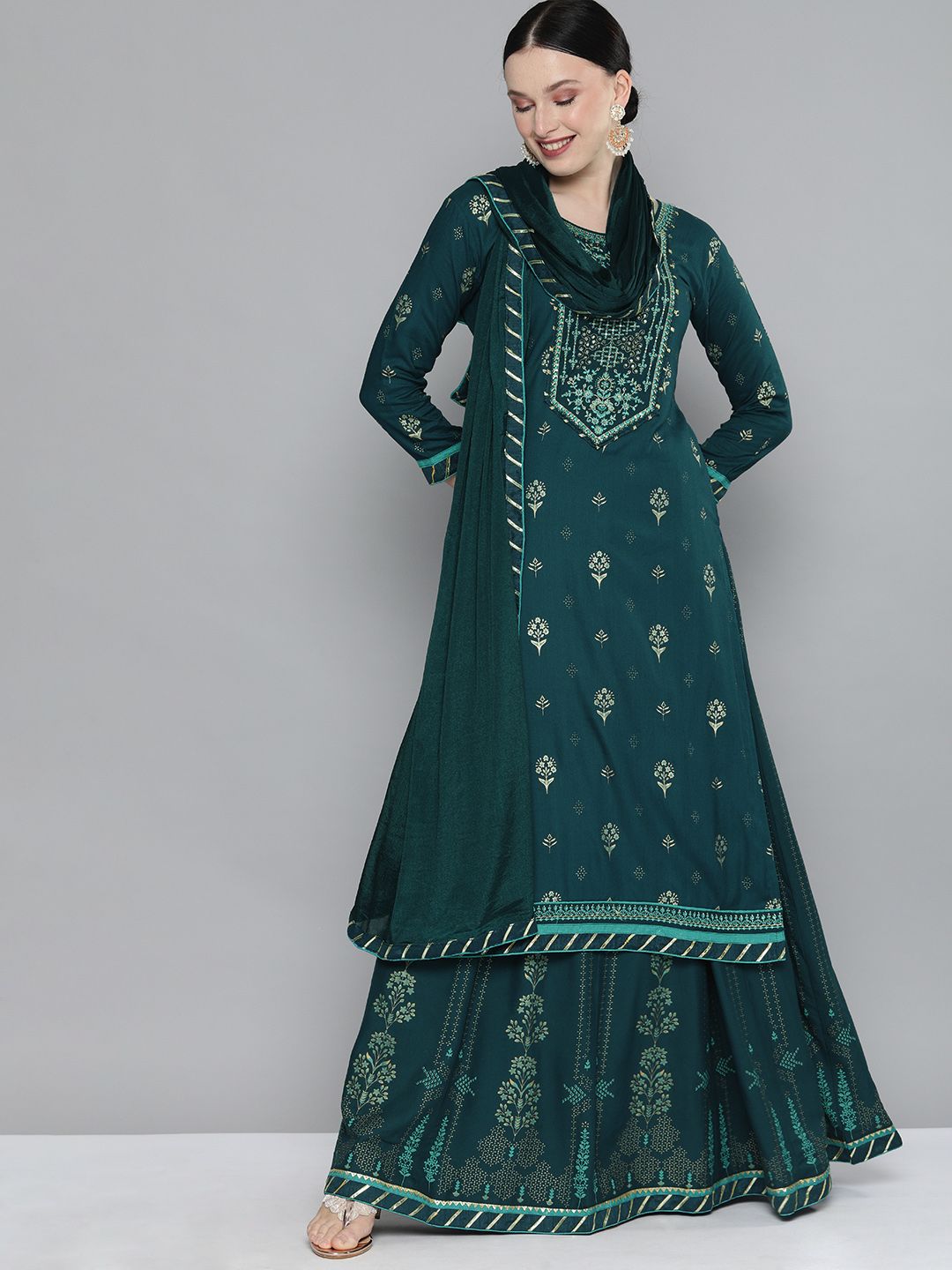 Kvsfab Women Teal Ethnic Motifs Regular Kurta with Skirt & With Dupatta Price in India