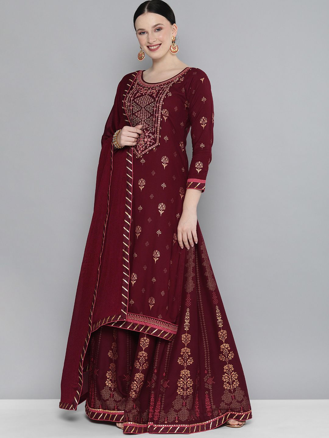 Kvsfab Women Maroon Ethnic Motifs Regular Kurta with Skirt With Dupatta Price in India