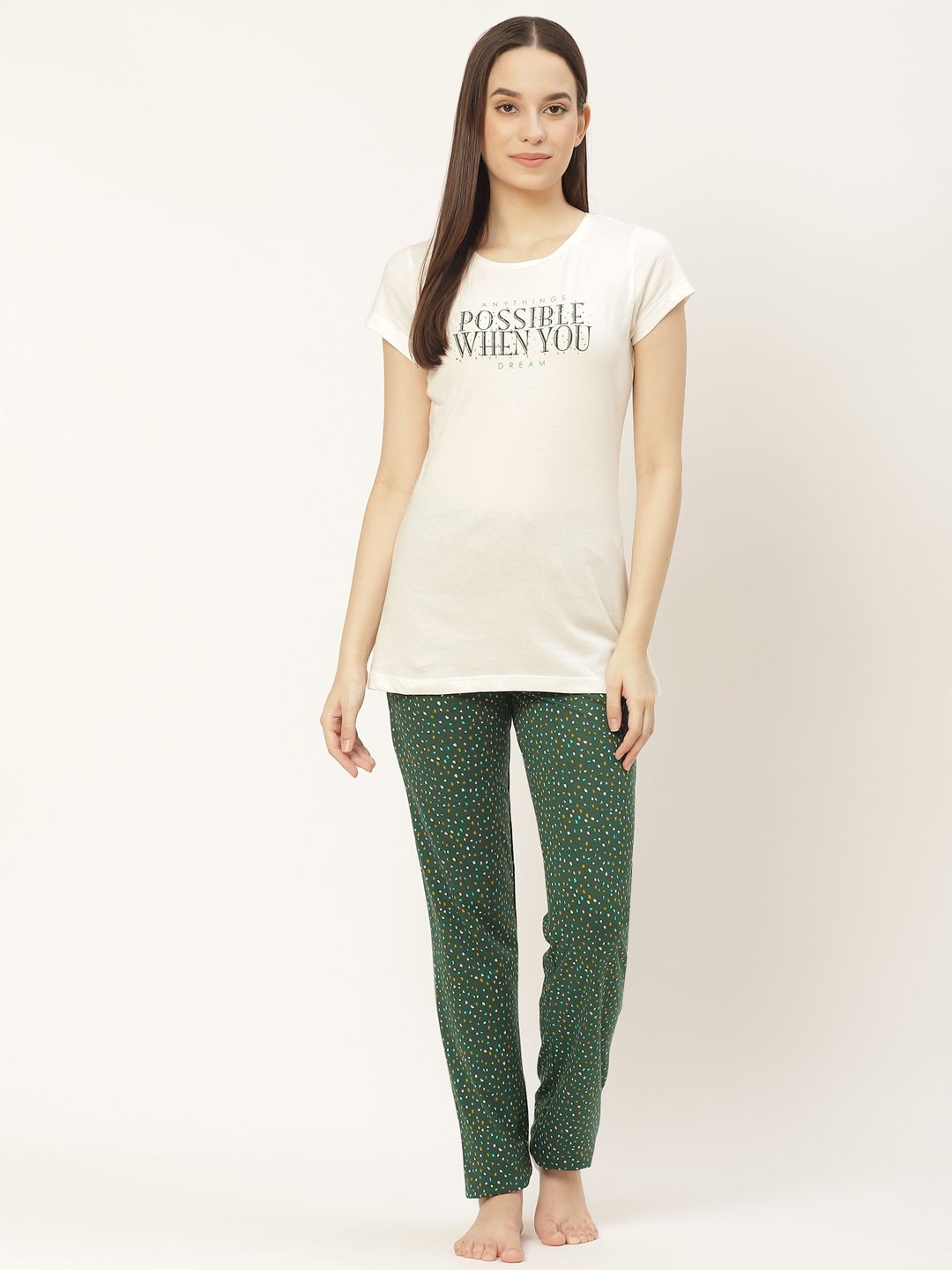 Sweet Dreams Women Off White & Green Pure Cotton Printed Pyjama Set Price in India