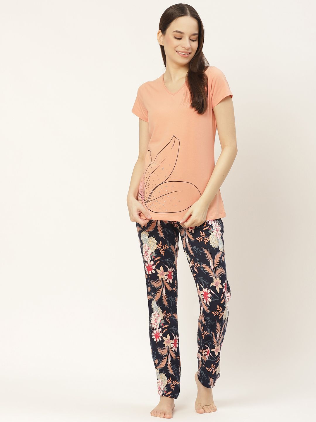 Sweet Dreams Women Peach-Coloured & Navy Blue Floral Print Pyjamas Set Price in India