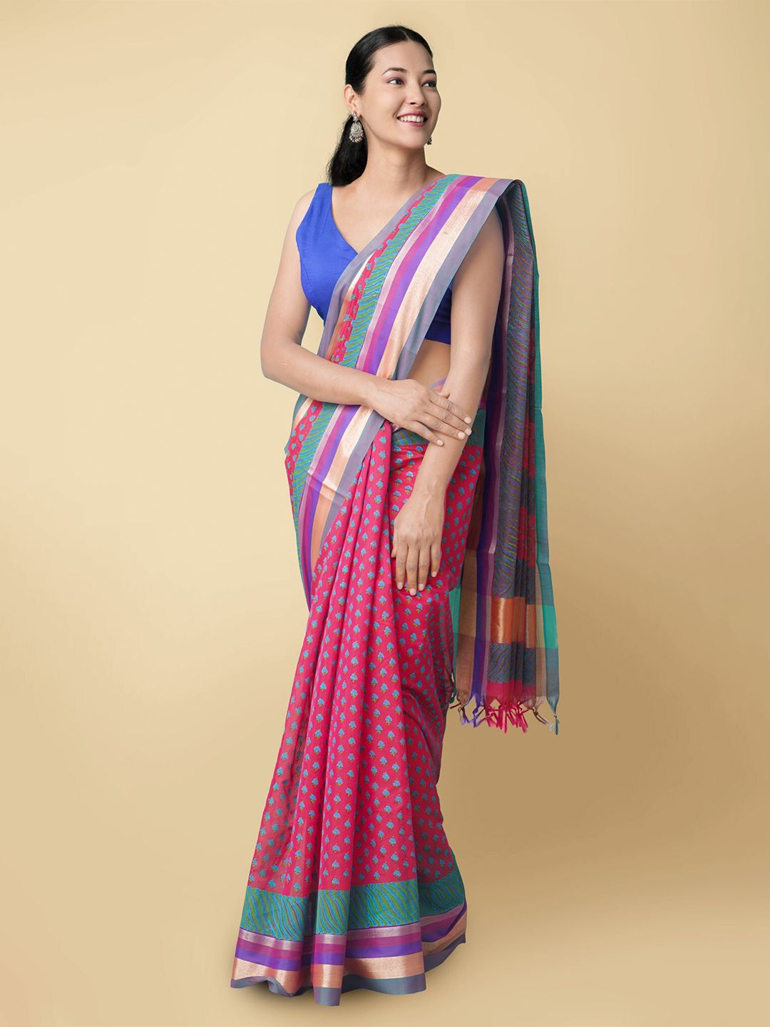 Unnati Silks Red & Sea Green Floral Silk Cotton Chanderi Saree
