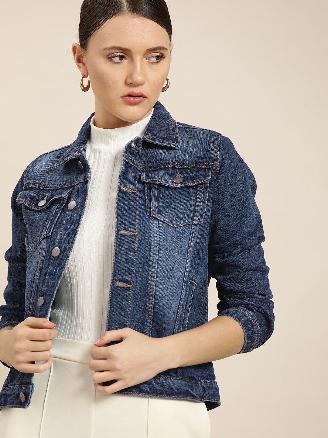 her by invictus Women Navy Blue Solid Pure Cotton Washed Denim Jacket Price in India