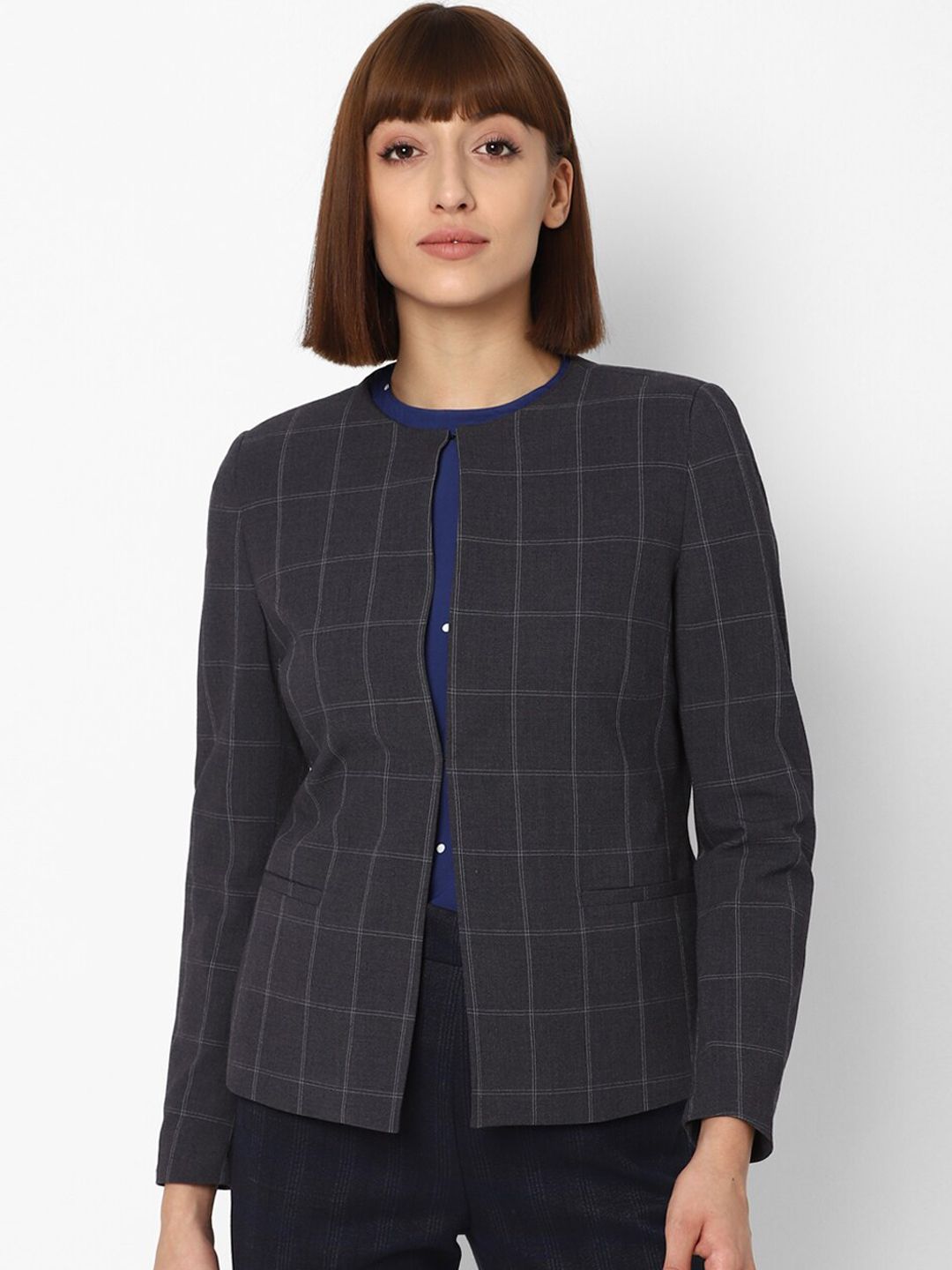 Allen Solly Woman Women Grey Checked Open-Front Casual Blazer Price in India