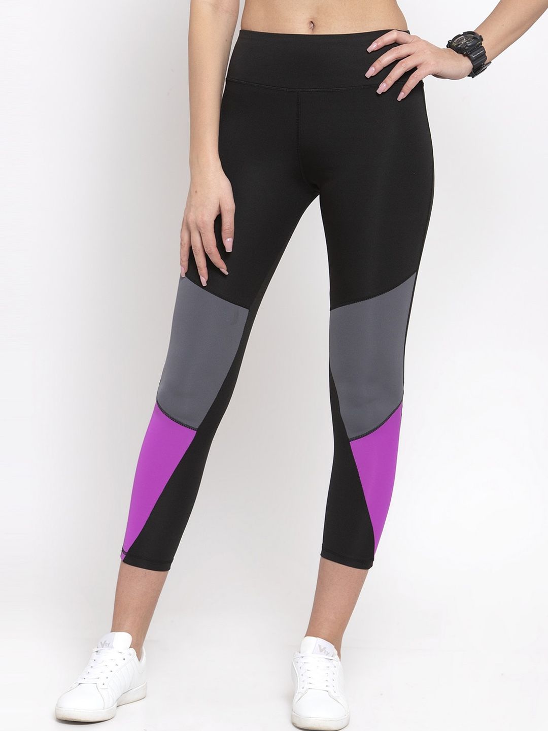 Boston Club Women Black & Violet Colourblocked Skinny-Fit Yoga & Gym Tight Price in India