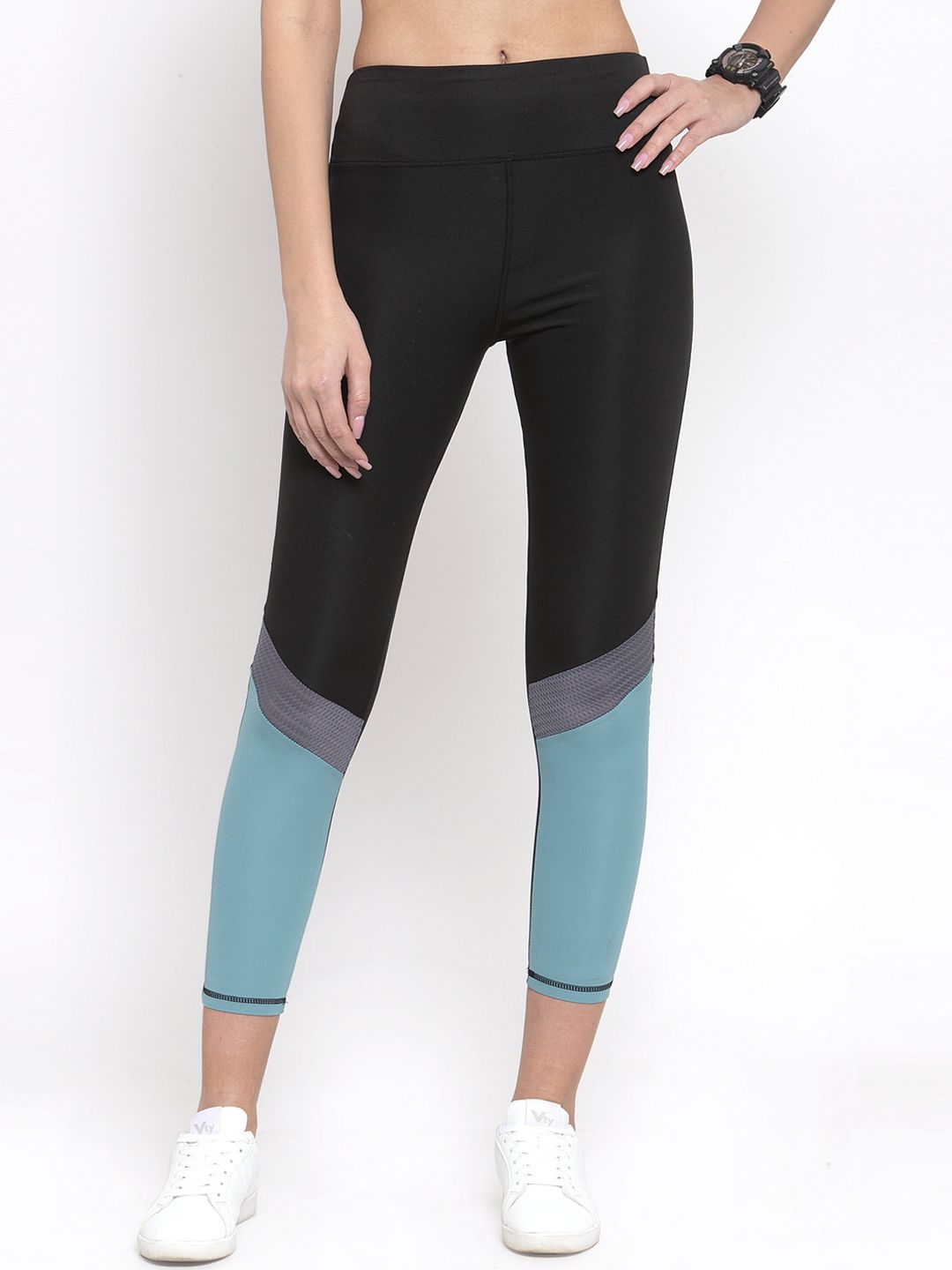 Boston Club Women Black & Blue Colourblocked Skinny-Fit Yoga & Gym Tights Price in India