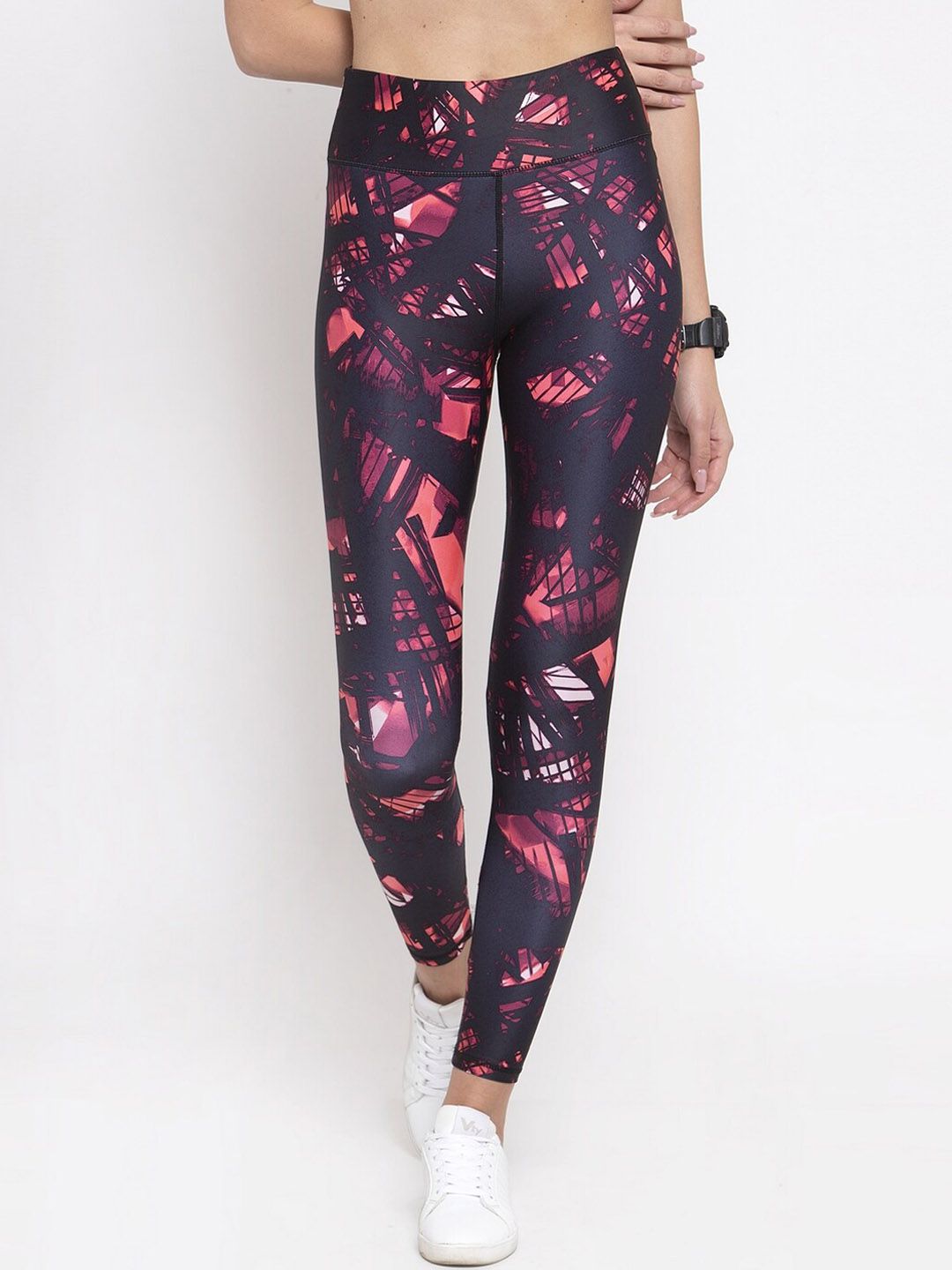 Boston Club Women Black & Pink Printed Skinny-Fit Yoga & Gym Tights Price in India