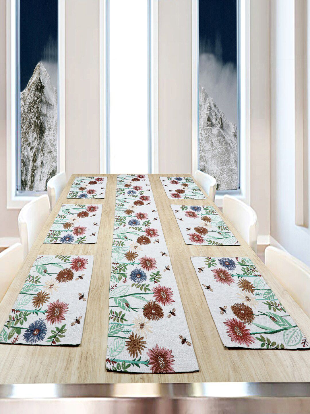BELLA TRUE Set Of 6 White & Brown Floral Printed Jacquard Table Placemats With Runner Price in India