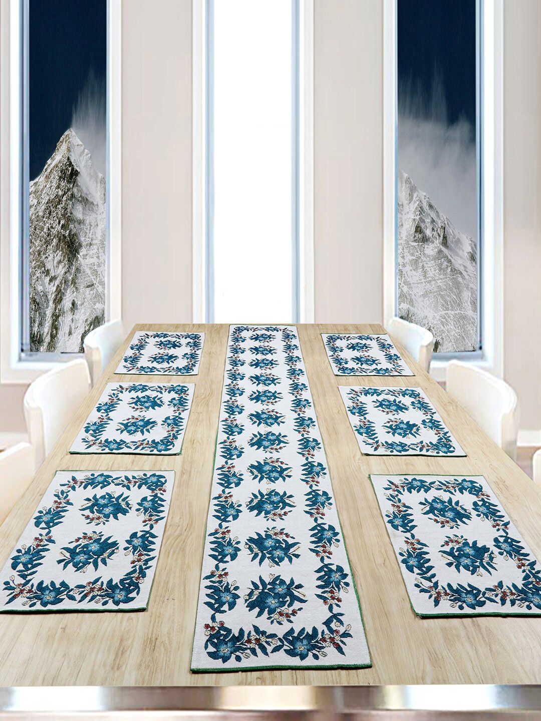 BELLA TRUE Set Of 7 White & Teal Blue Floral Printed Jacquard Table Placement & Runner Set Price in India