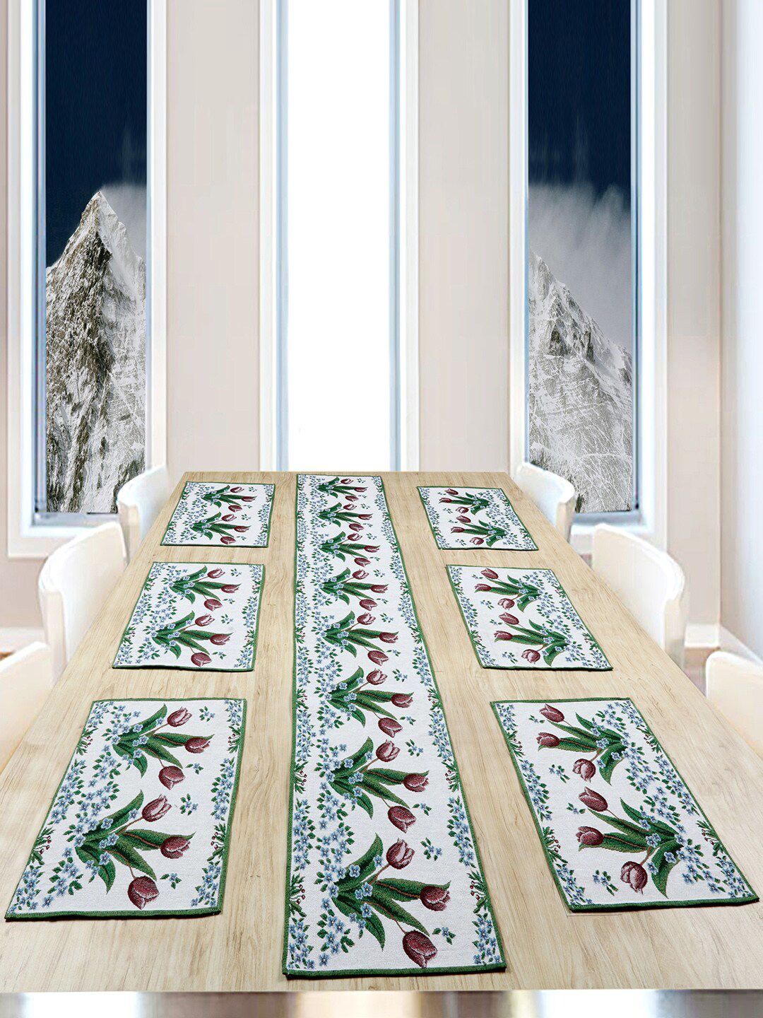 BELLA TRUE Set Of 6 White & Green Rose Printed Jacquard Table Placemats With Runner Price in India