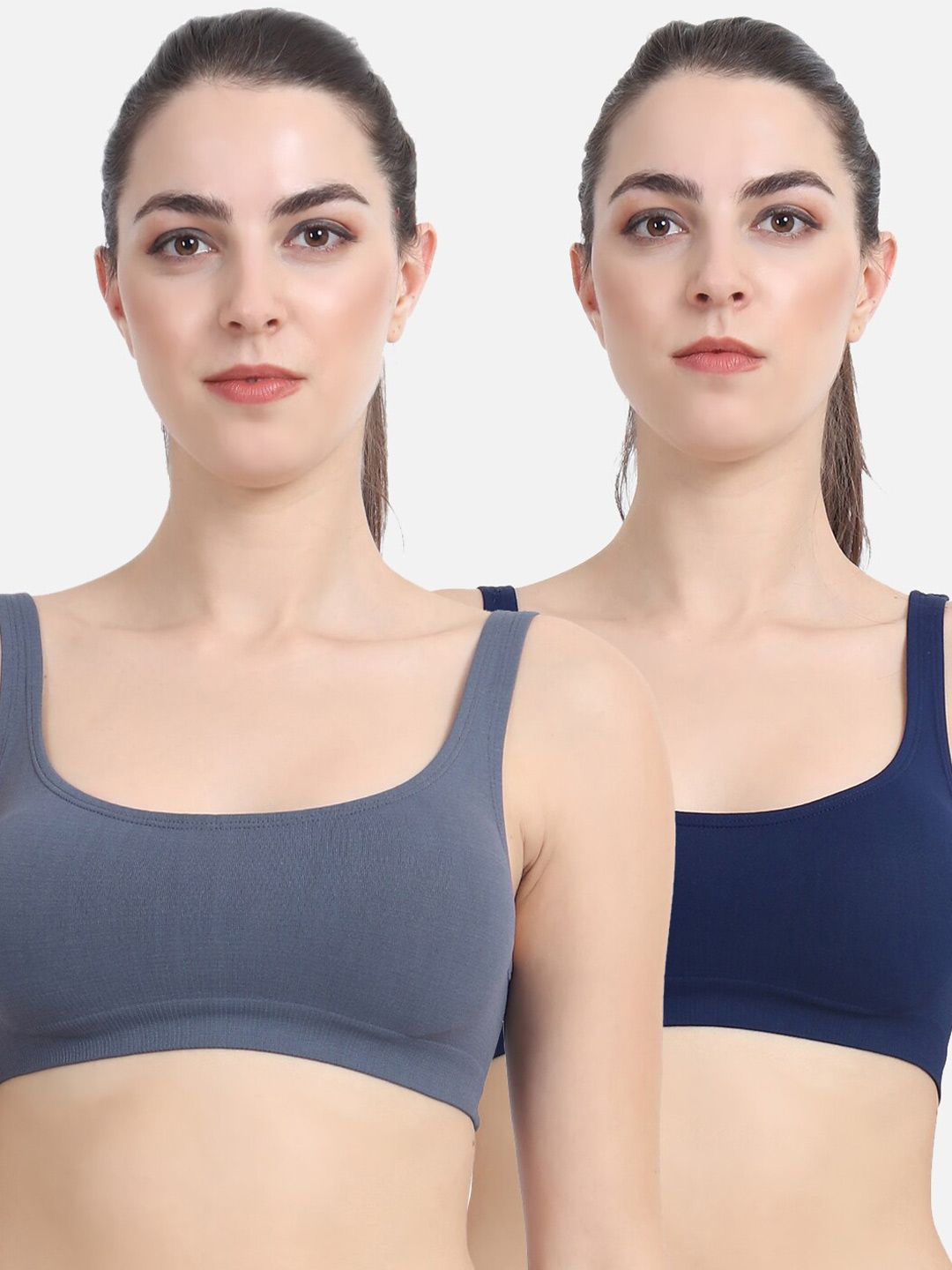 Beau Design Women Grey & Navy Blue Solid Sports Bra Set Price in India