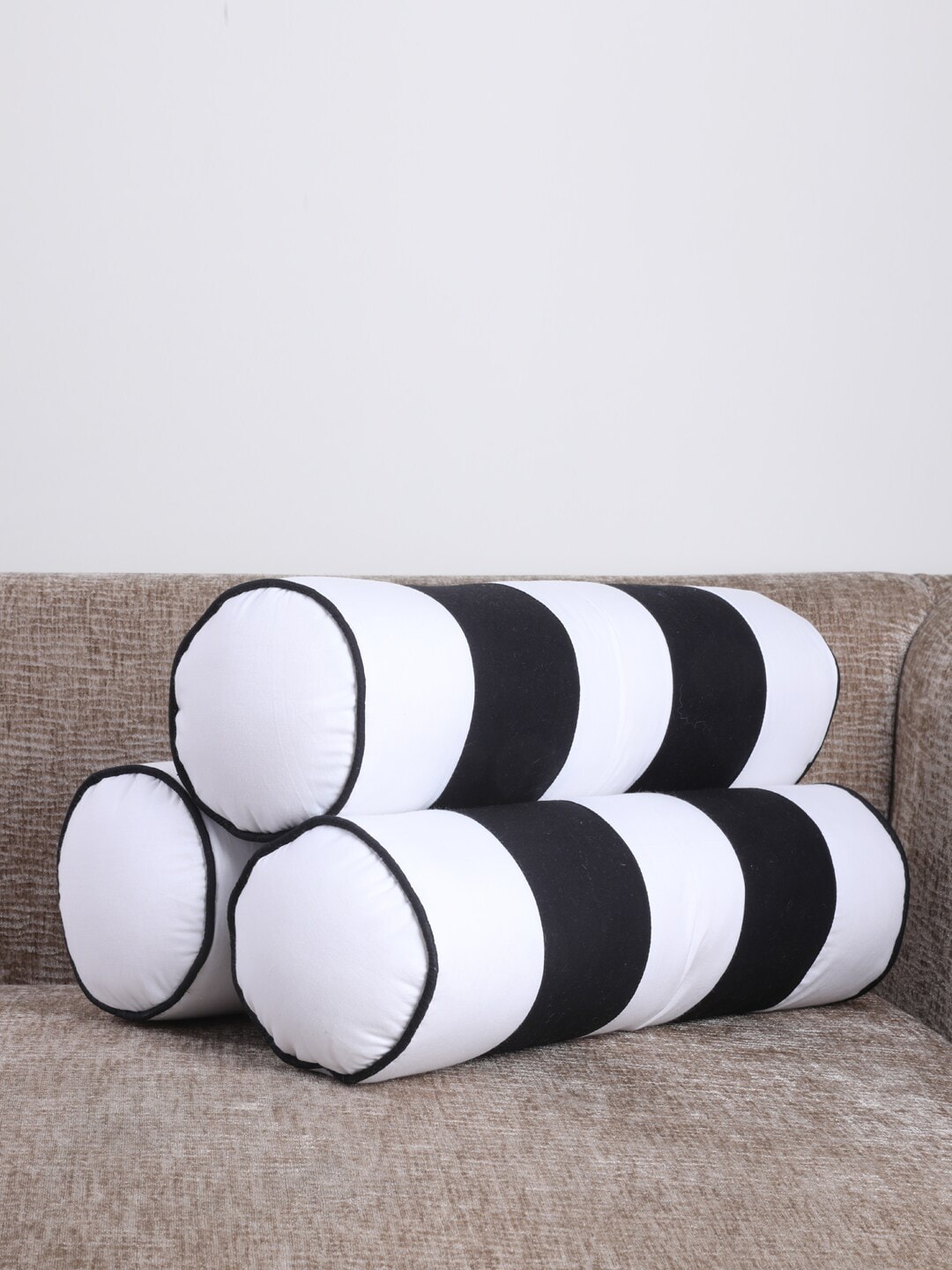 My Gift Booth Set Of 3 White & Black Striped Cylindrical Cushions Price in India