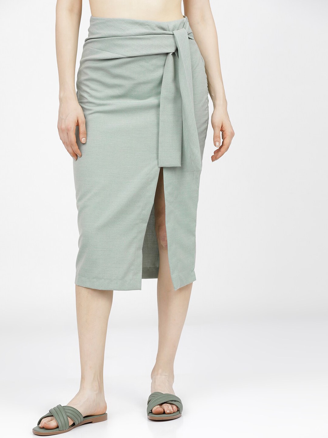 Tokyo Talkies Green Casual-Fit Pencil Midi Skirt Price in India