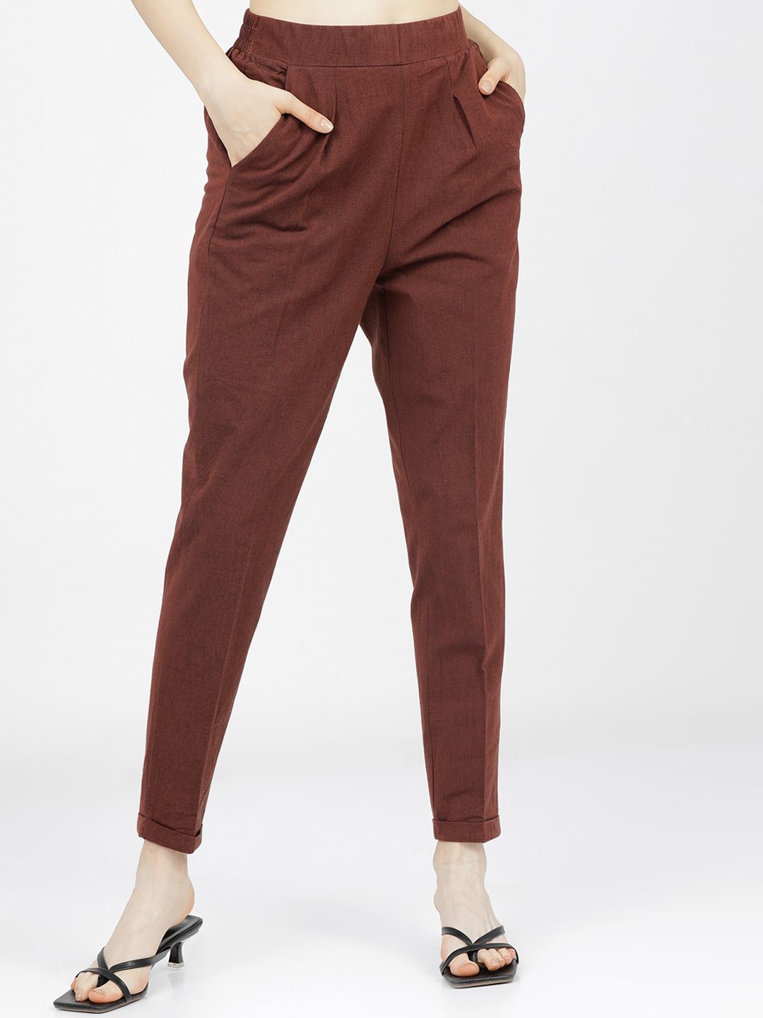 Tokyo Talkies Women Rust Slim Fit High-Rise Cigarette Trousers Price in India