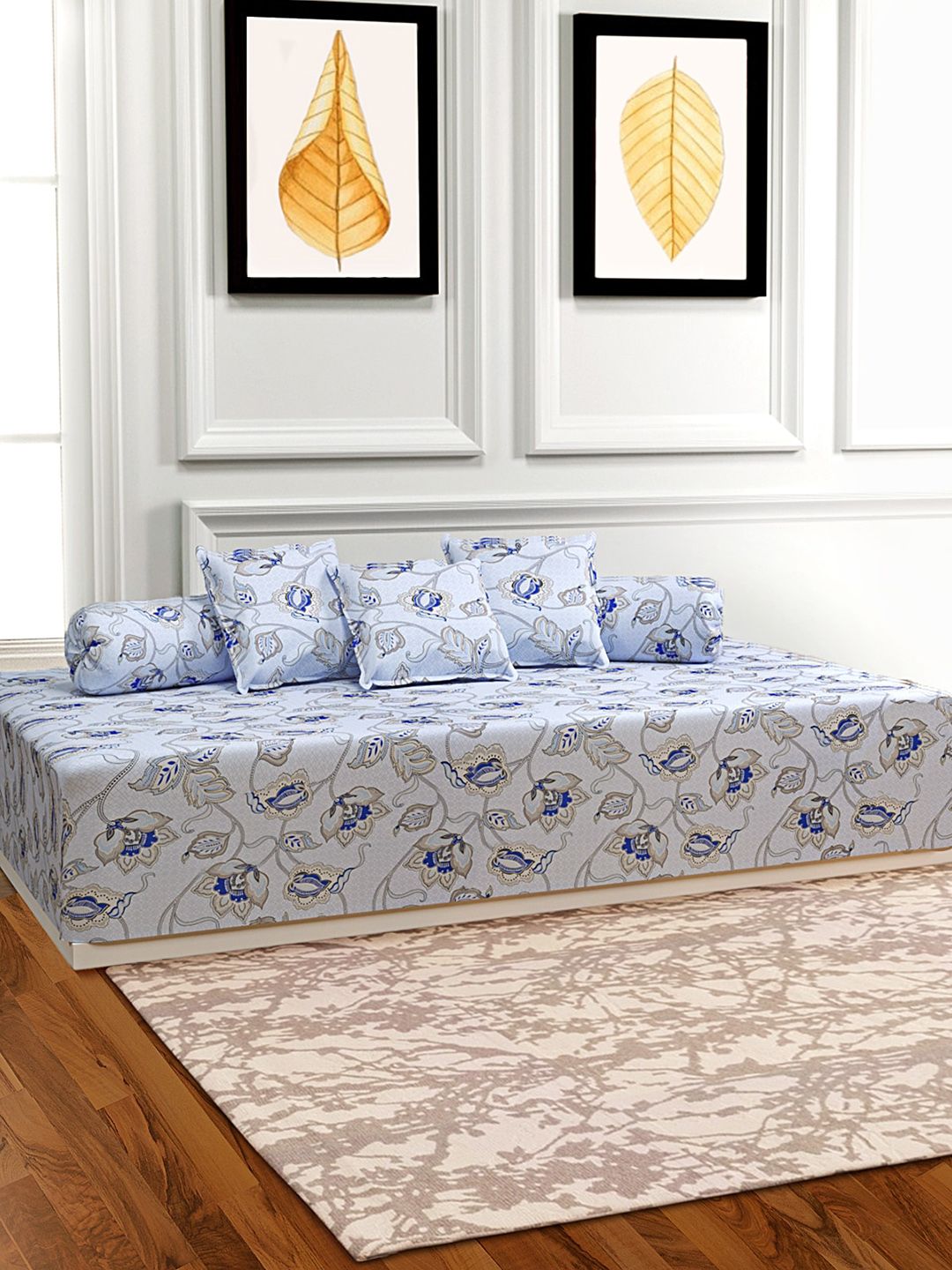 ROMEE Set Of 6 Grey & Blue Printed Bedsheet With Bolster & Cushion Covers Price in India
