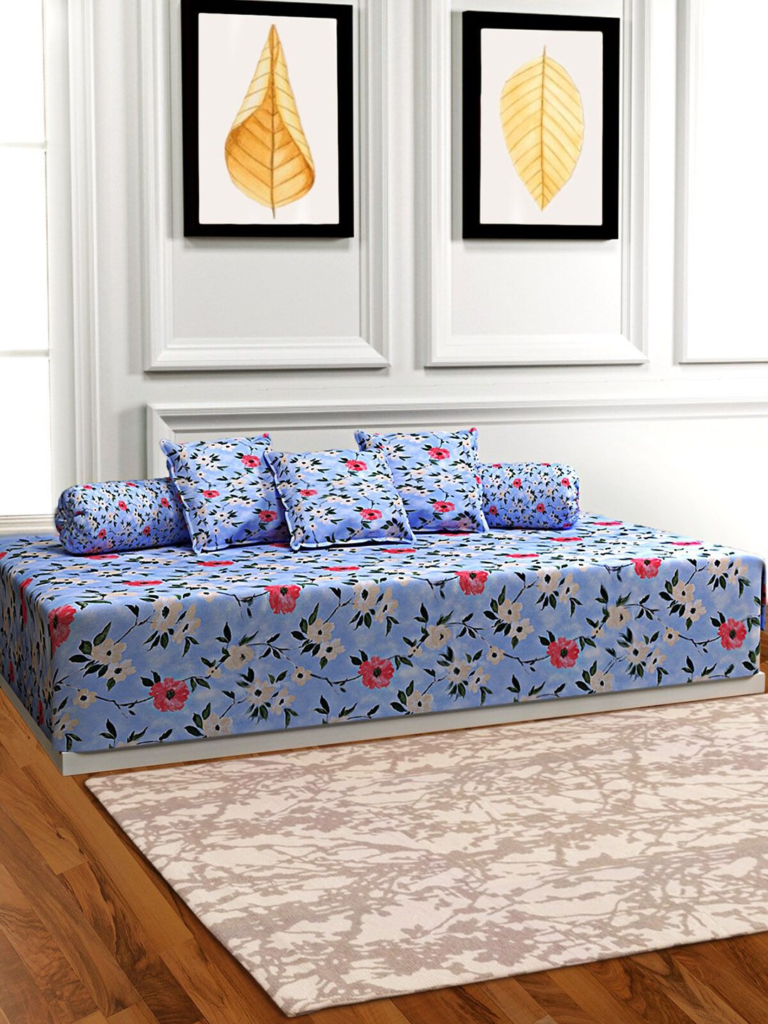 ROMEE Set Of 6 Blue & Pink Printed Bedsheet With Bolster & Cushion Covers Price in India