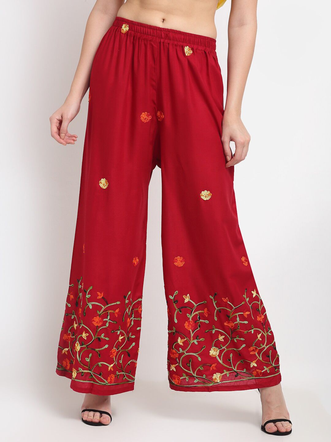 TAG 7 Women Maroon Floral Embroidered Flared Ethnic Palazzos Price in India