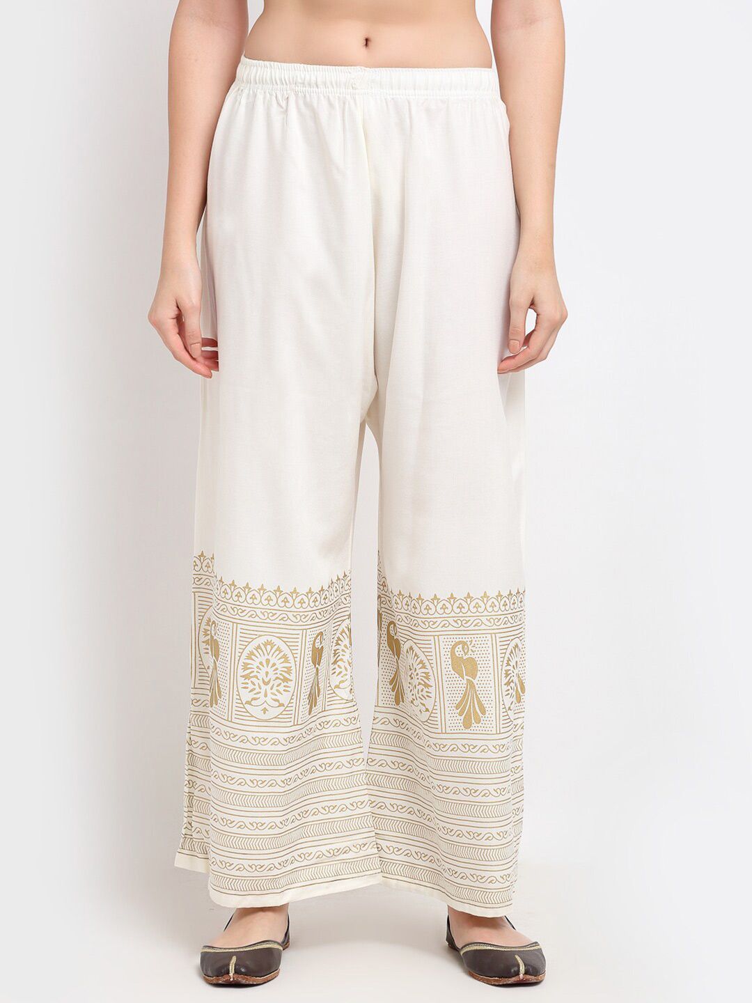 TAG 7 Women White & Gold-Toned Ethnic Motifs Printed Flared Ethnic Palazzos Price in India