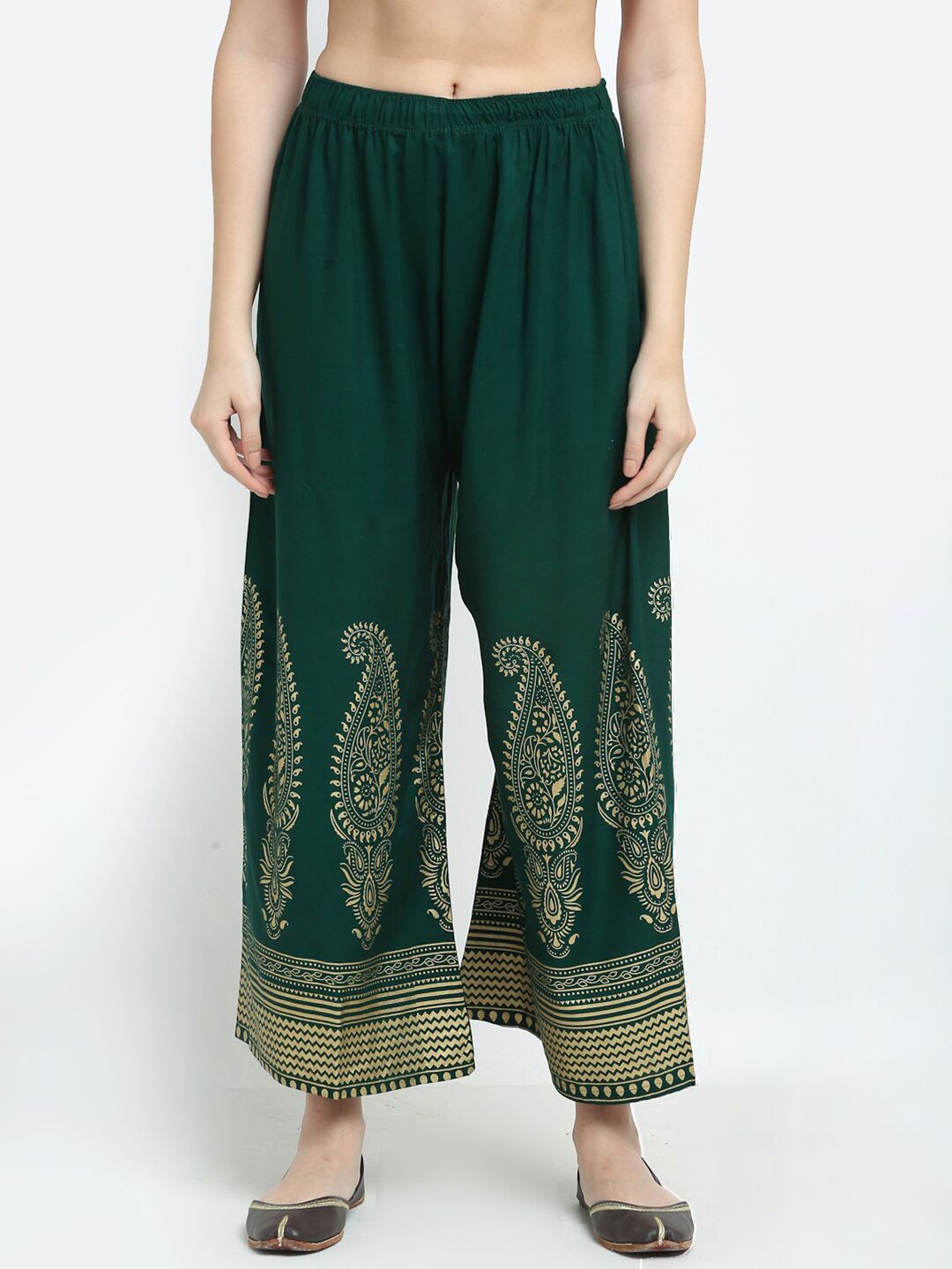 TAG 7 Women Green & Gold-Toned Printed Wide Leg Palazzos Price in India