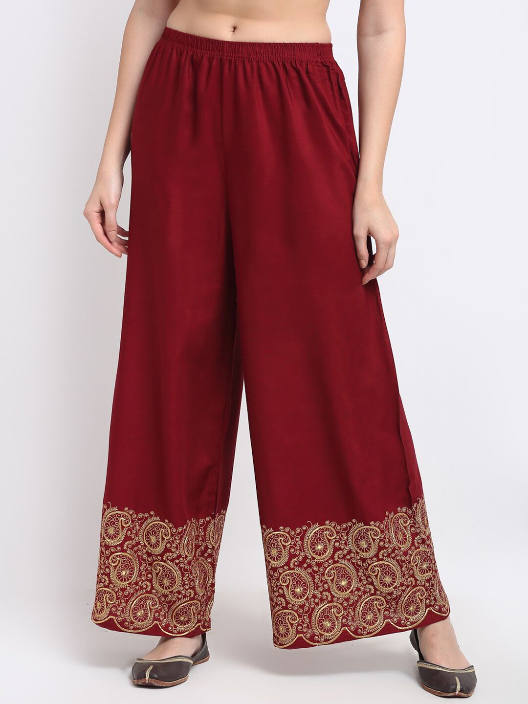 TAG 7 Women Maroon & Gold-Toned Paisley Printed Flared Ethnic Palazzos Price in India