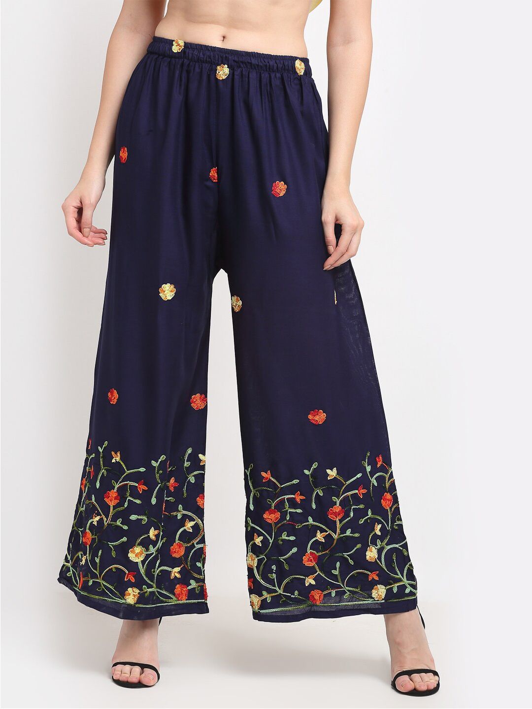 TAG 7 Women Navy Blue & Red Floral Embroidered Flared Ethnic Palazzos Price in India