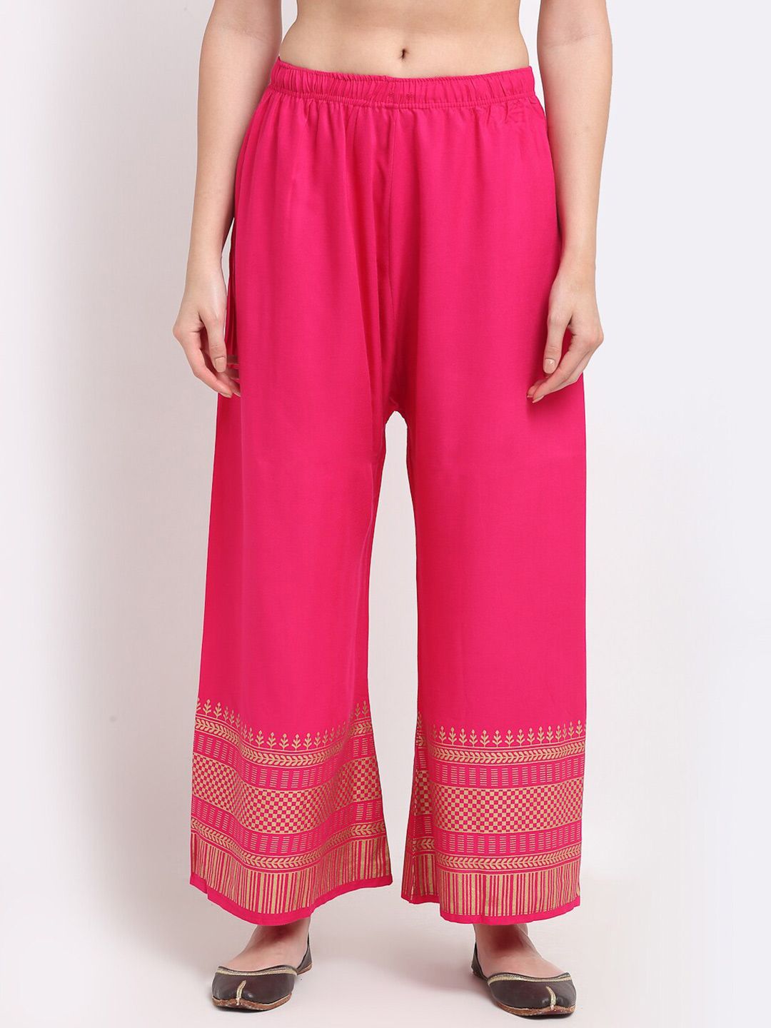 TAG 7 Women Pink & Gold-Toned Printed Straight Palazzos Price in India