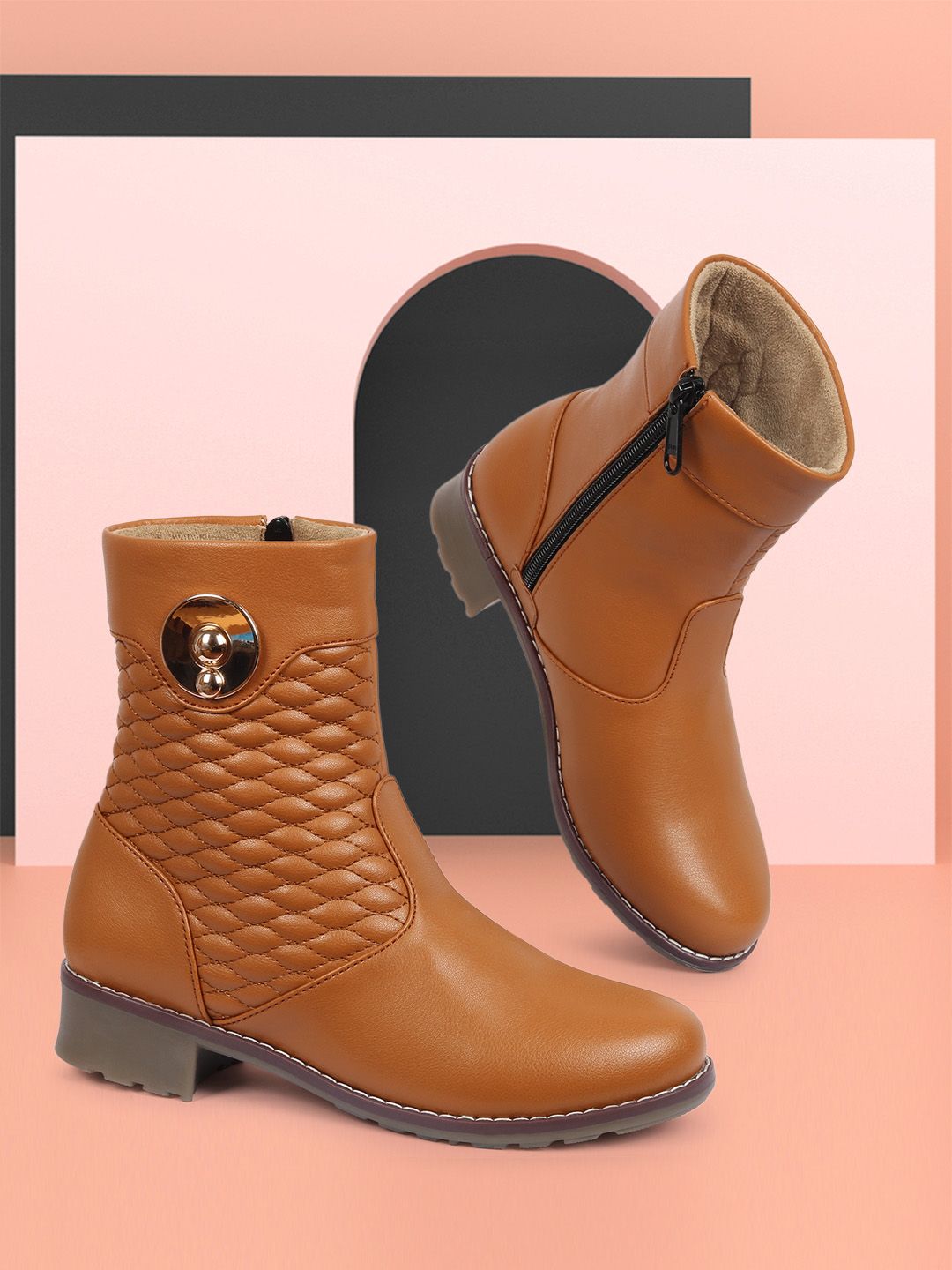 Alishtezia Tan Textured PU Block Heeled Boots with Buckles Price in India