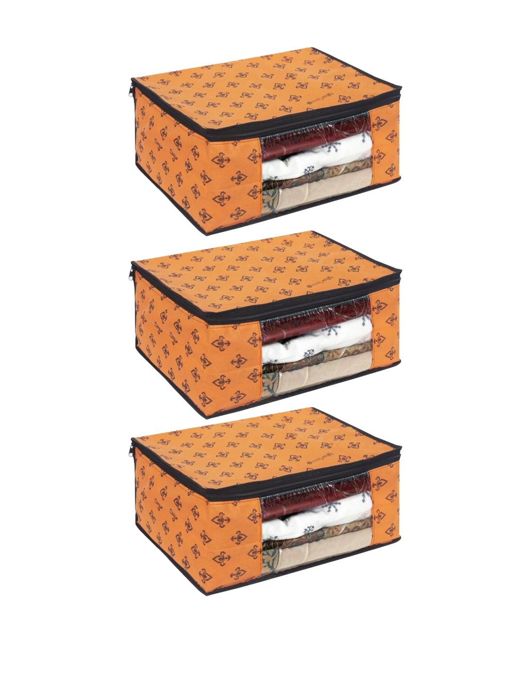 prettykrafts Set Of 3 Orange & Brown Printed Saree Organizers With Transparent Window Price in India