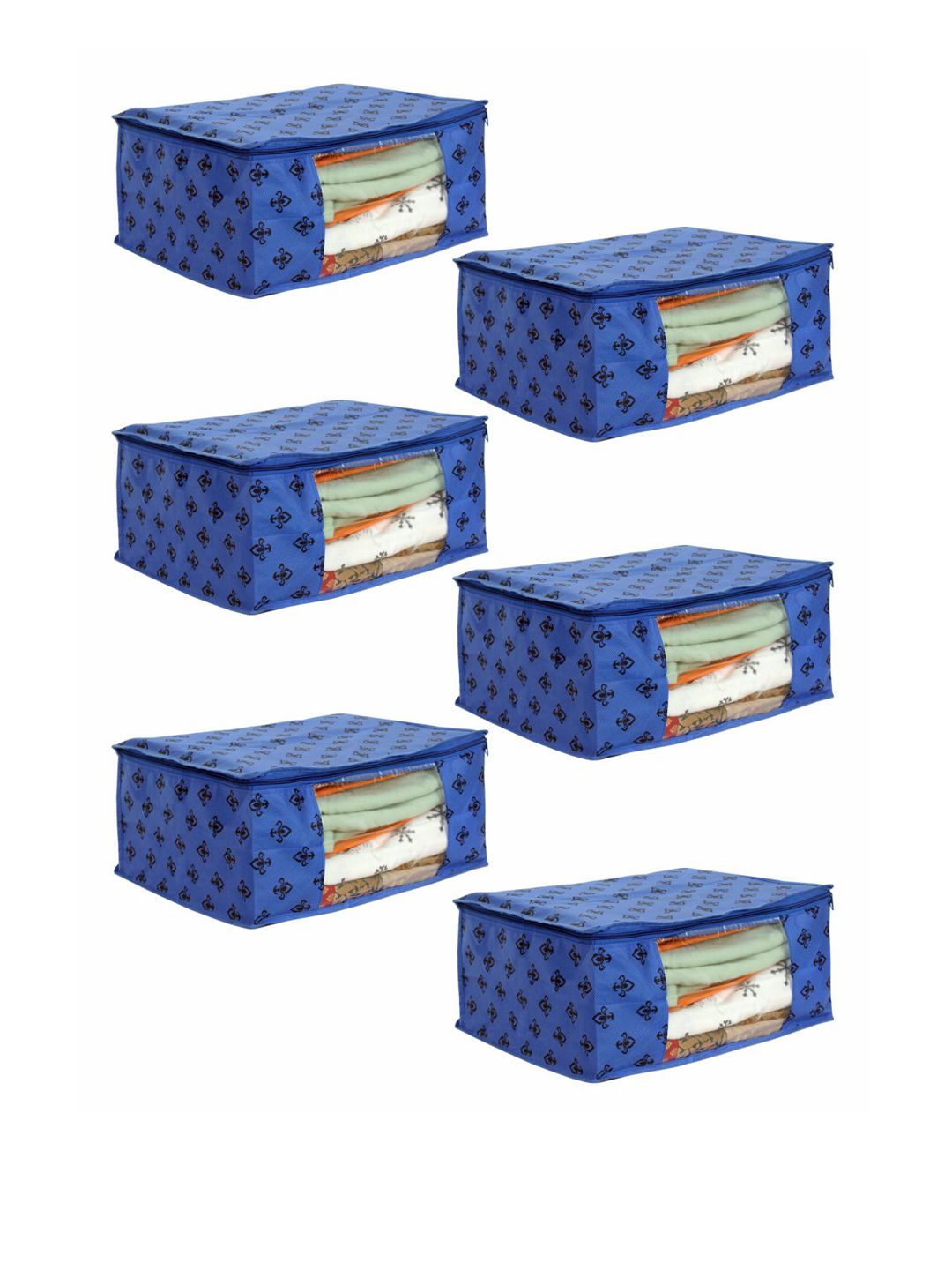 prettykrafts Set Of 6 Blue & Black Printed Saree Organizers With Transparent Window Price in India