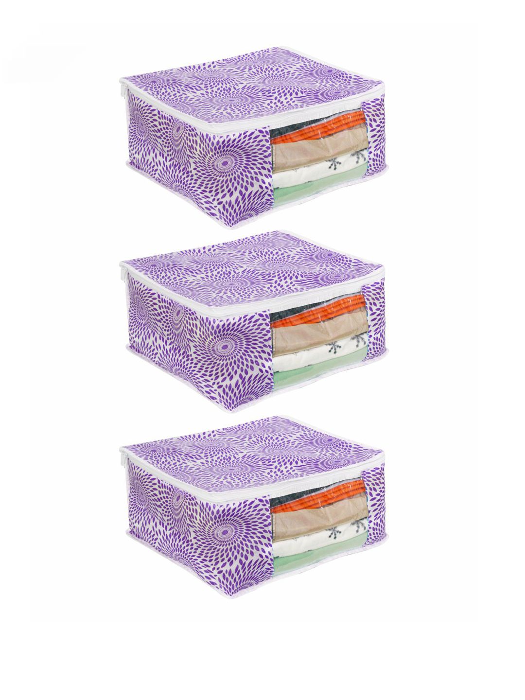 prettykrafts Set Of 3 Purple Printed Saree Organizers With Transparent Window Price in India