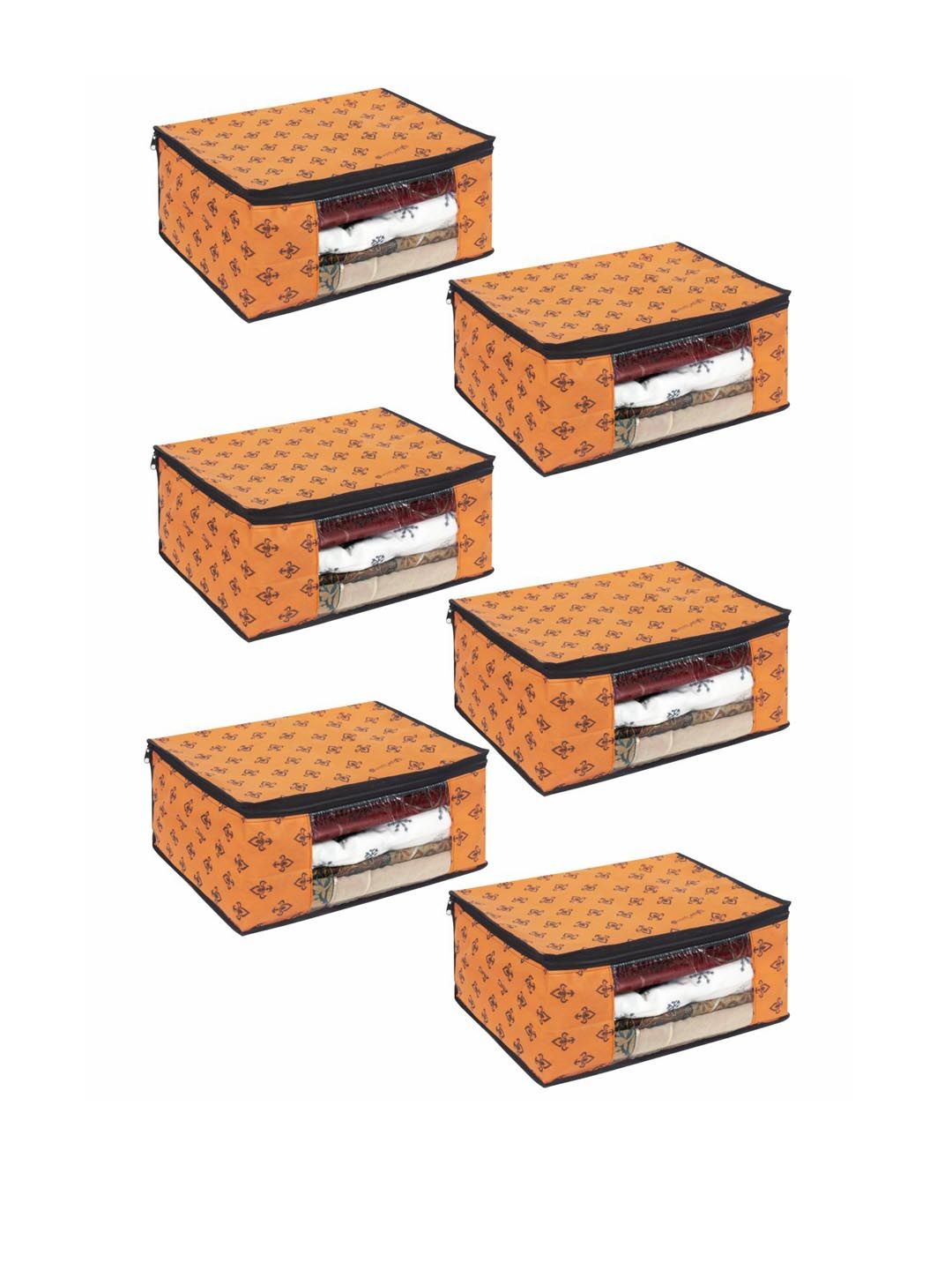 prettykrafts Set Of 6 Orange Printed Saree Organisers With Transparent Window Price in India