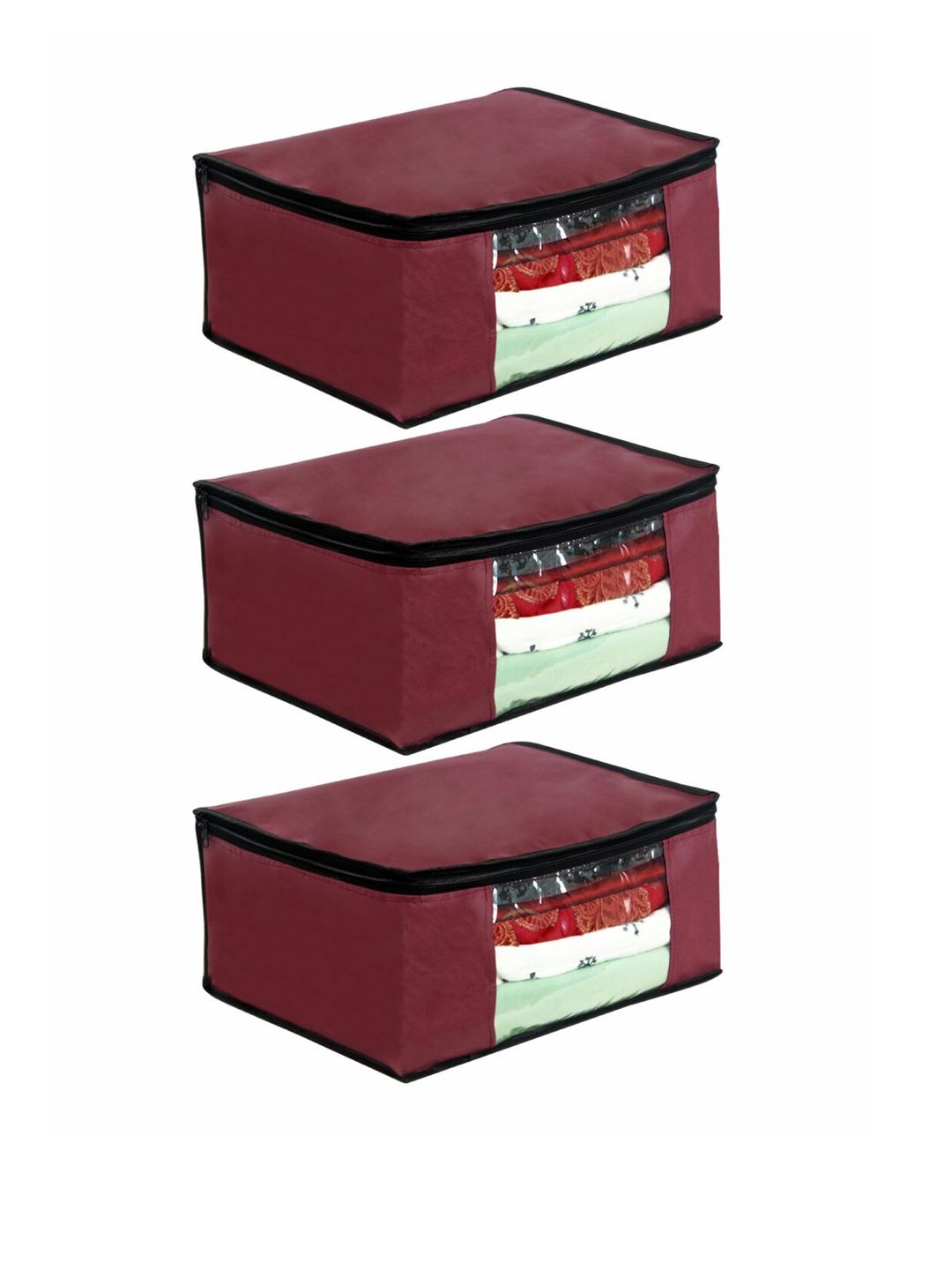 prettykrafts Set Of 3 Maroon Solid Saree Organizers With Transparent Window Price in India