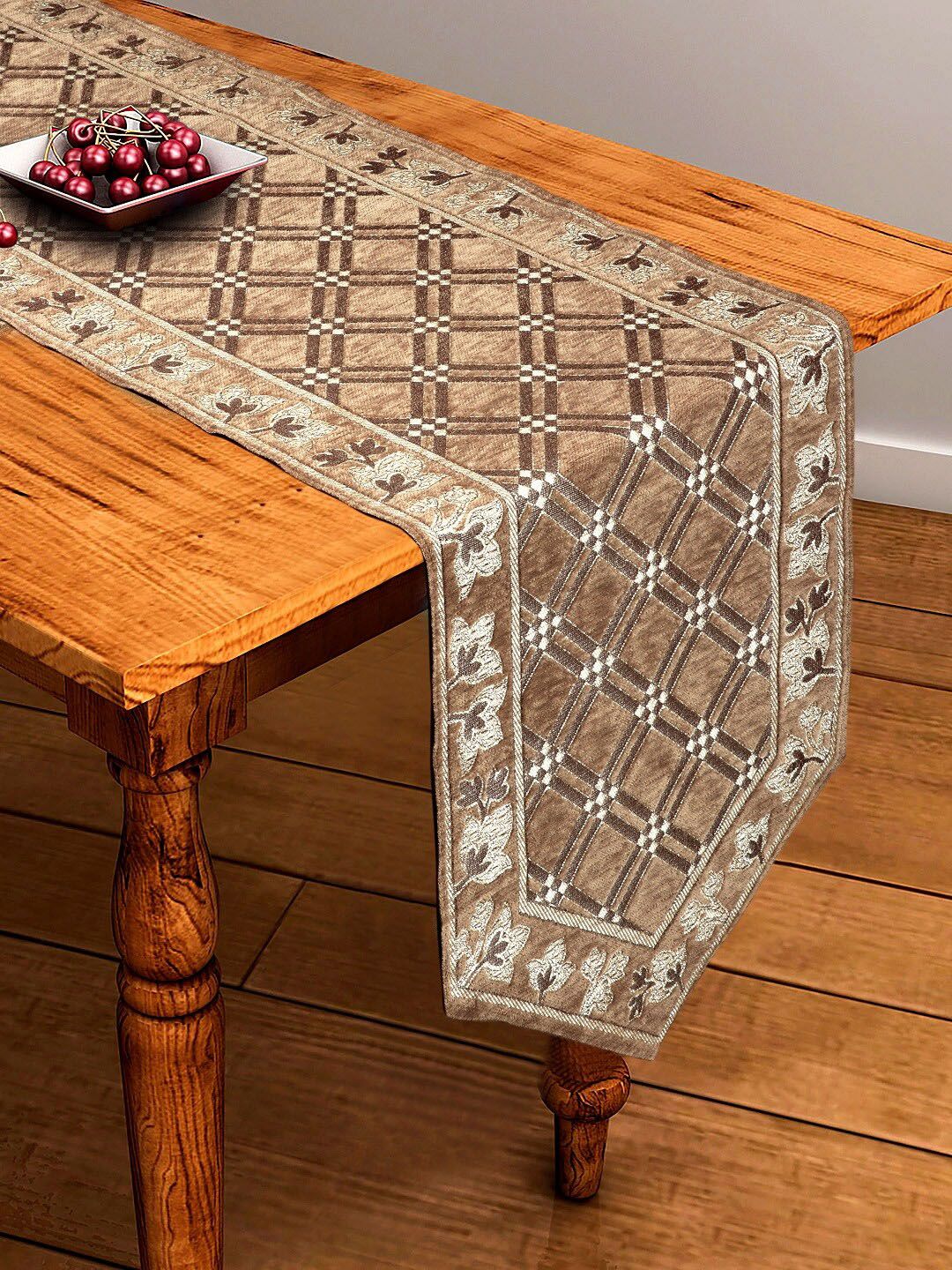 BELLA TRUE Brown & Grey Embroidered Chennile Table Runner Price in India
