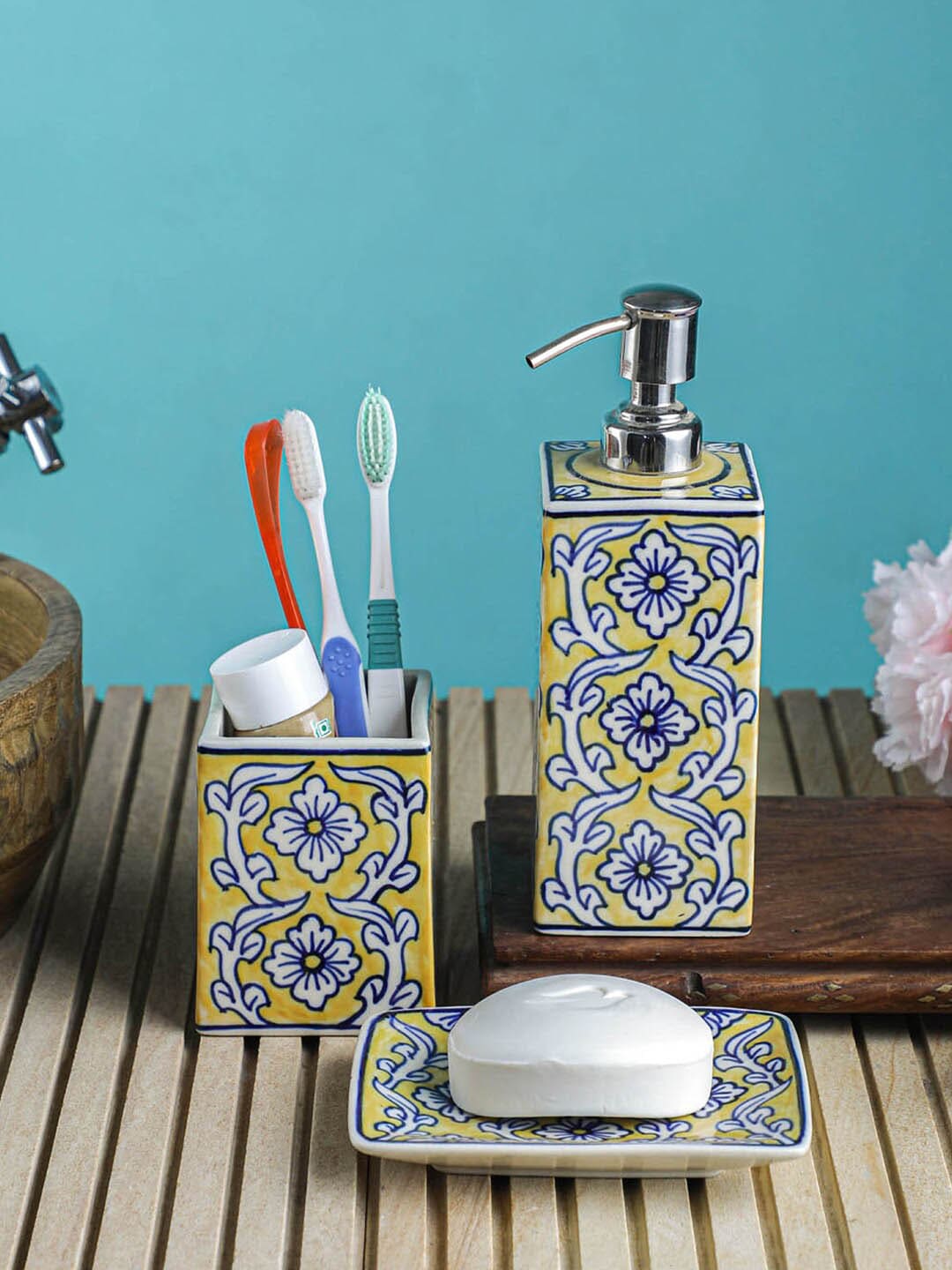 VarEesha Set Of 3 Yellow & Blue Floral Ceramic Bath Accessories Price in India
