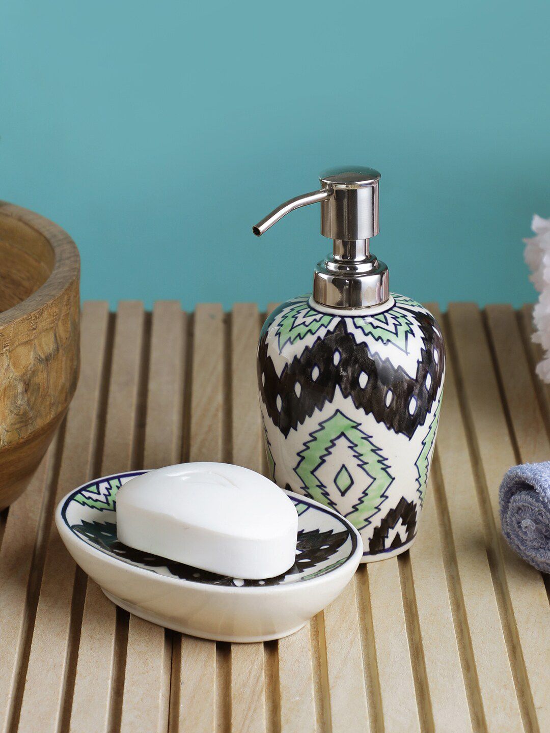 VarEesha White & Green Aztec Printed Ceramic Bathroom Accessories Set Price in India