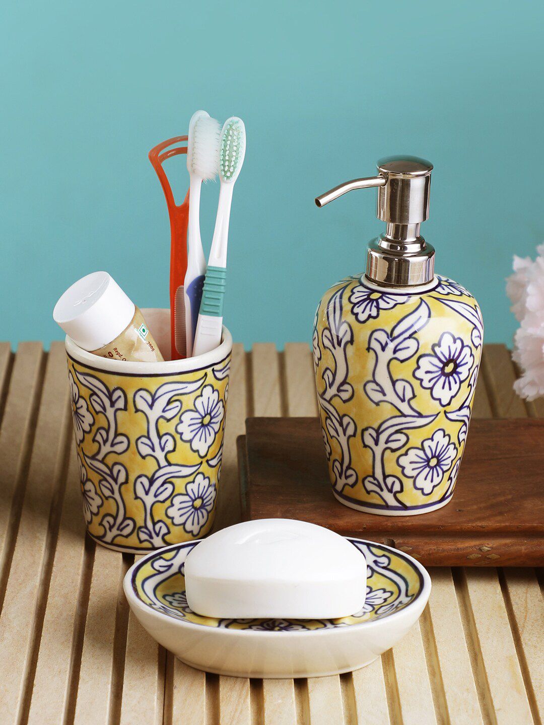 VarEesha Yellow & Blue Floral Printed Ceramic Bathroom Accessories Set Price in India