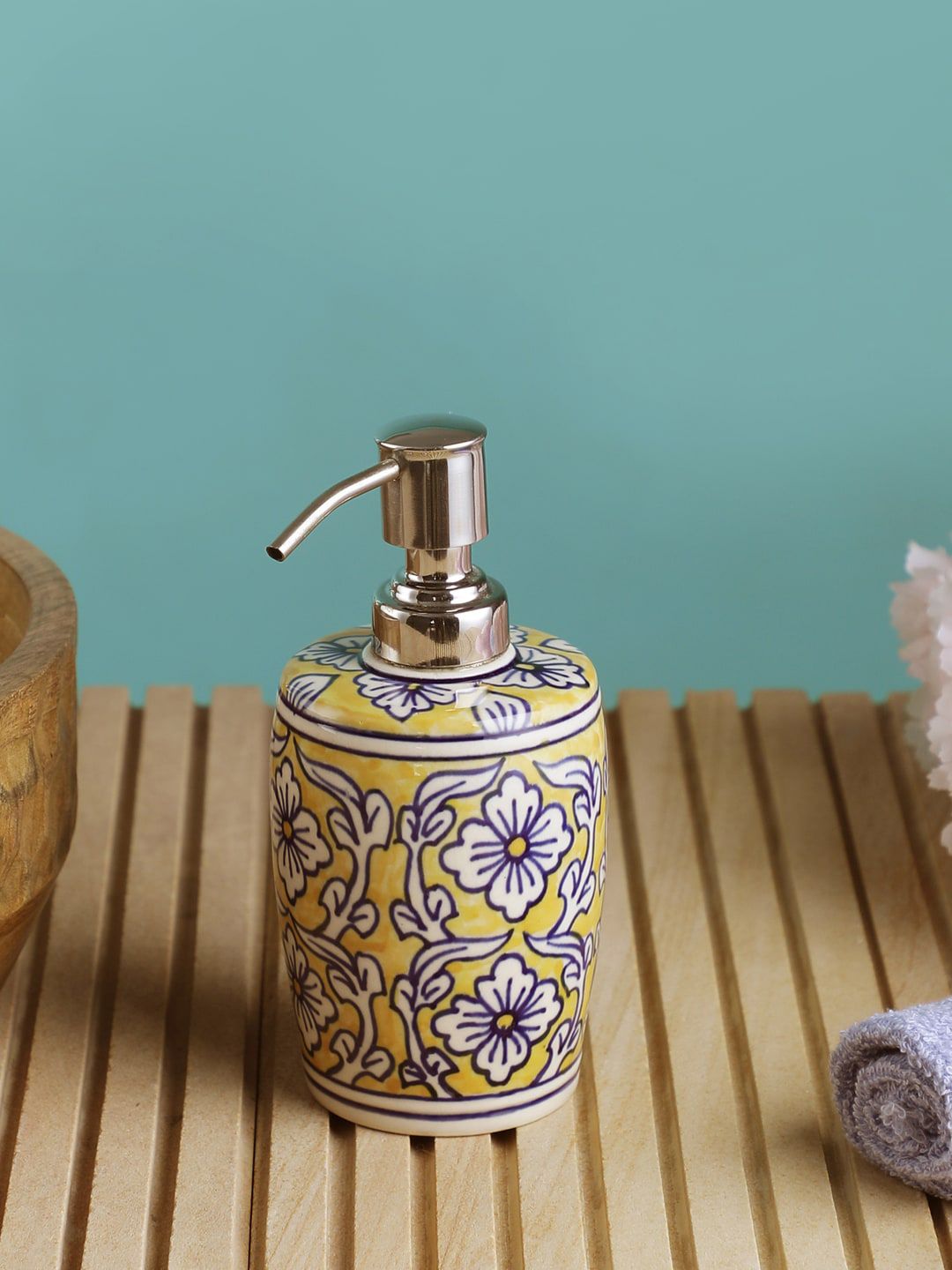 VarEesha Yellow & White Floral Printed Ceramic Soap Dispenser Price in India