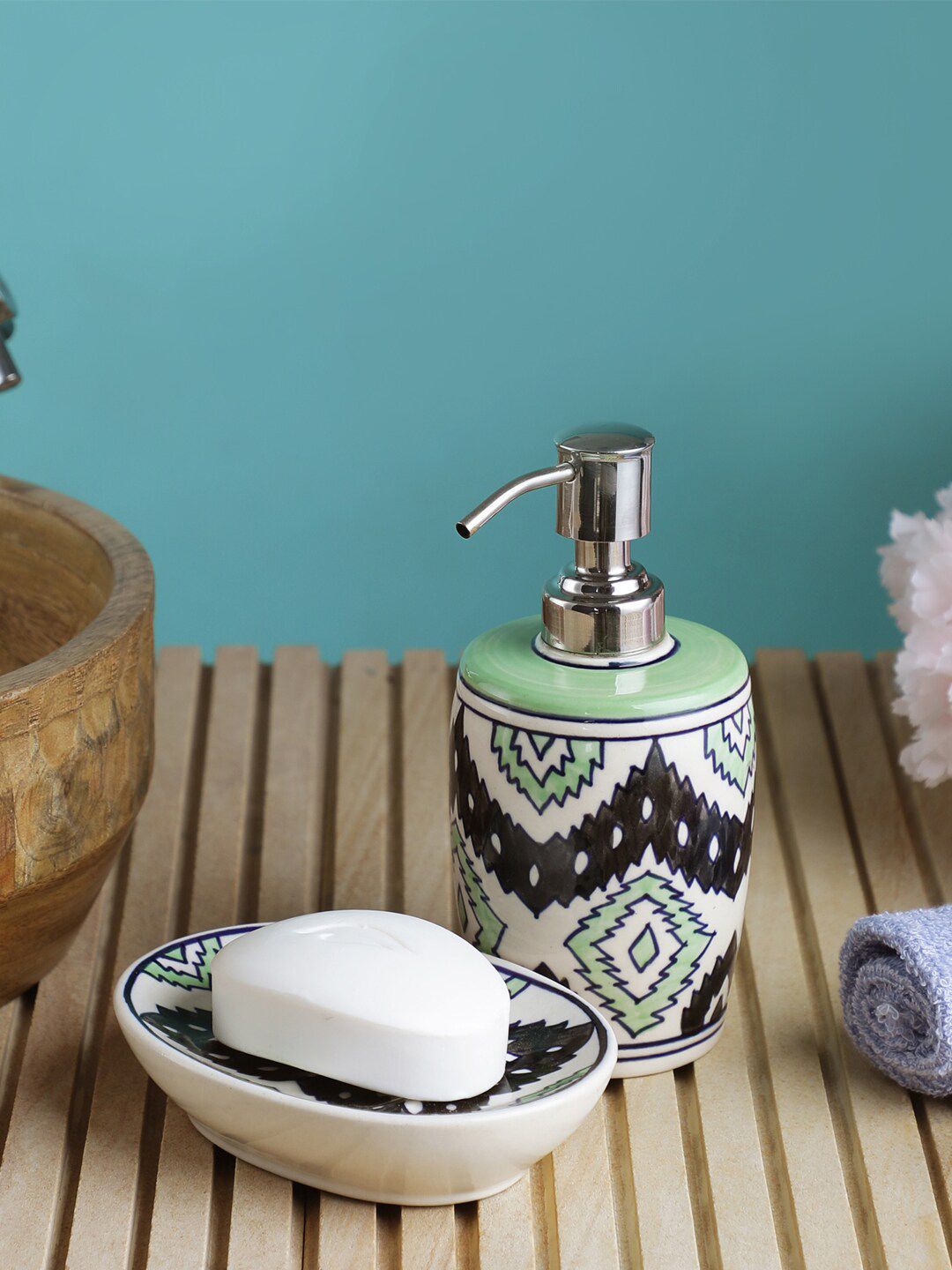 VarEesha White & Black Aztec Printed Ceramic Bathroom Accessories Set Price in India