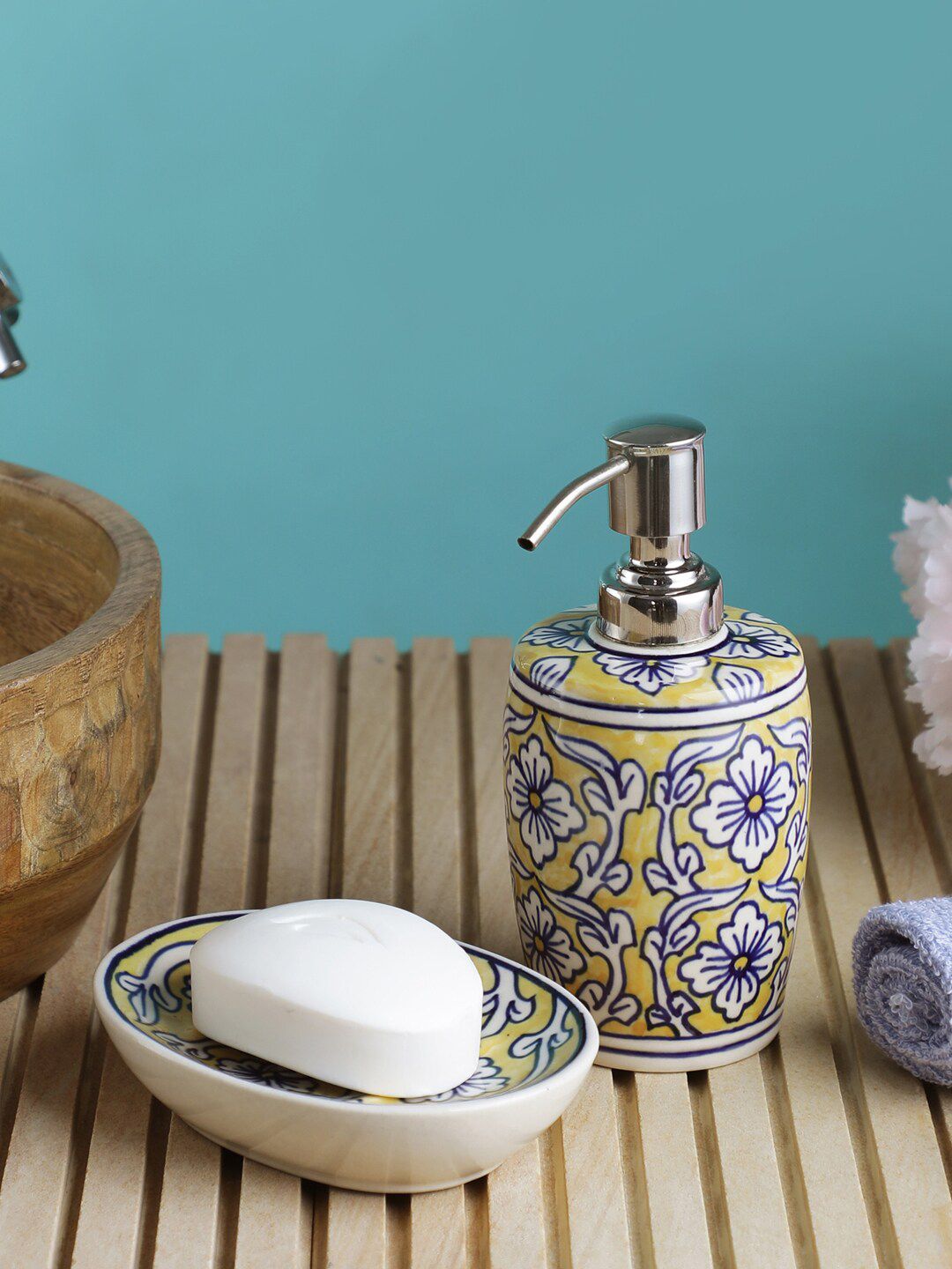 VarEesha Yellow & Blue Floral Printed Ceramic Cylindrical Bathroom Accessory Set Price in India