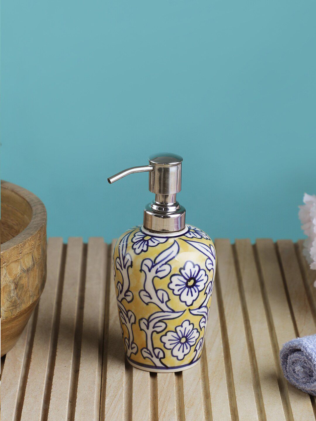 VarEesha Yellow & White Floral Printed Ceramic Soap Dispenser Price in India