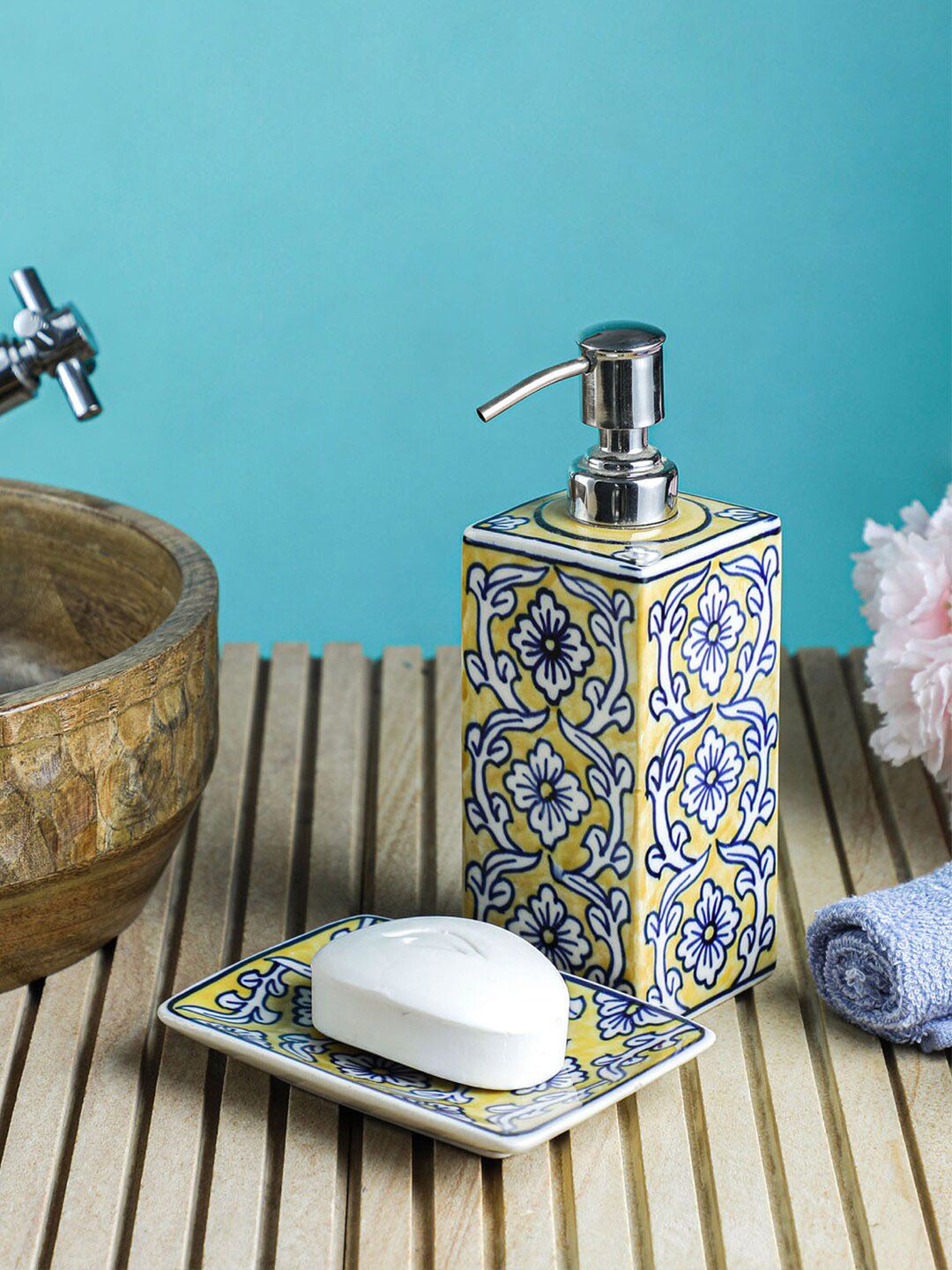 VarEesha Yellow & White Floral Printed Ceramic Bathroom Accessories Set Price in India