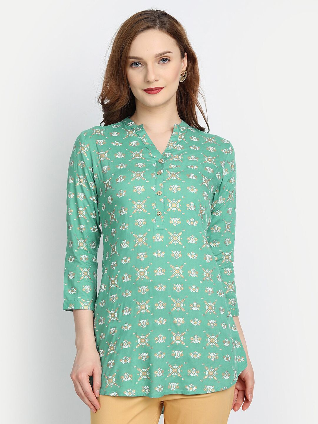 fabGLOBAL Women Green & Gold Printed Regular Top