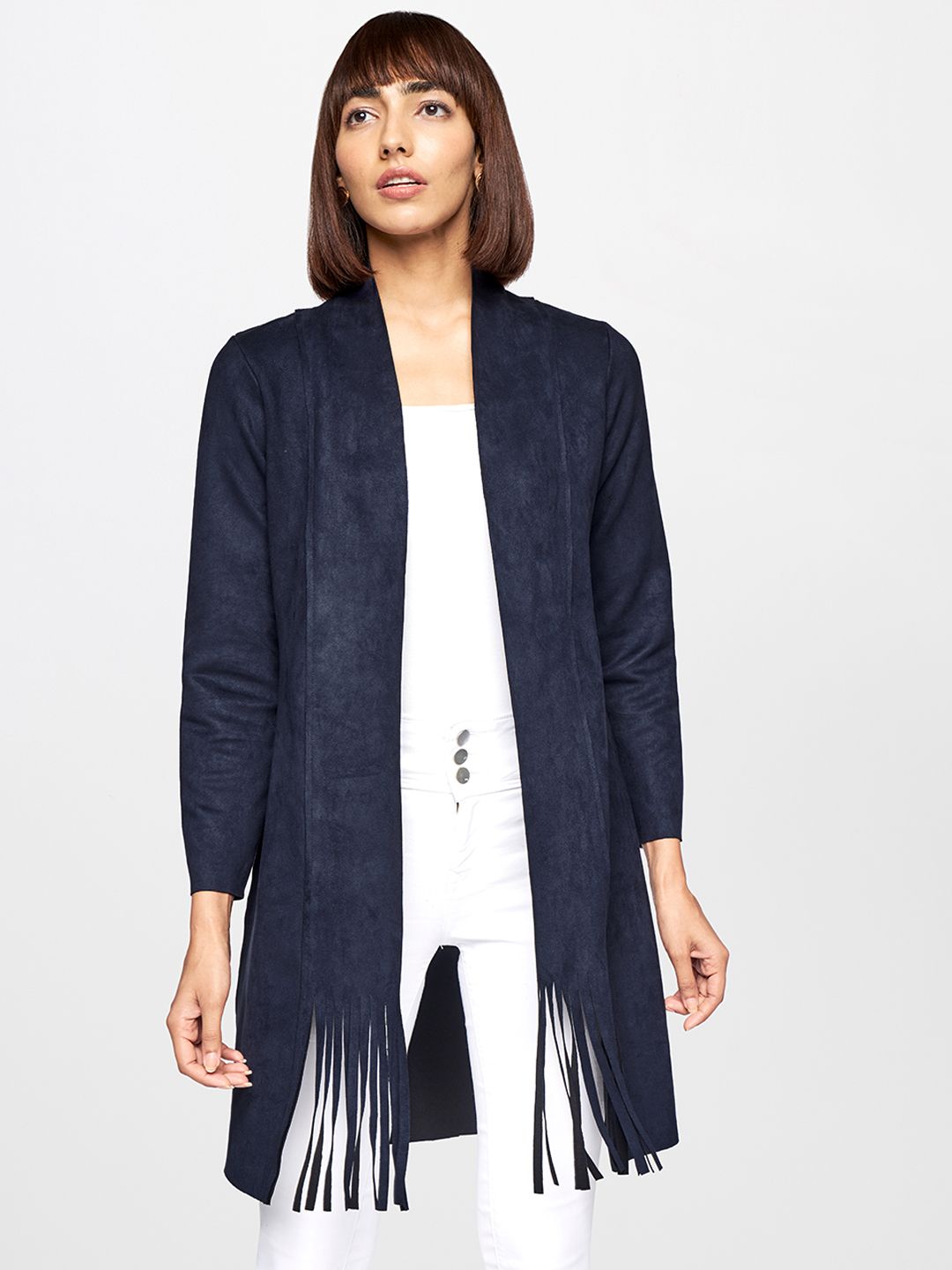 AND Women Navy Blue Solid Longline Shrug Price in India