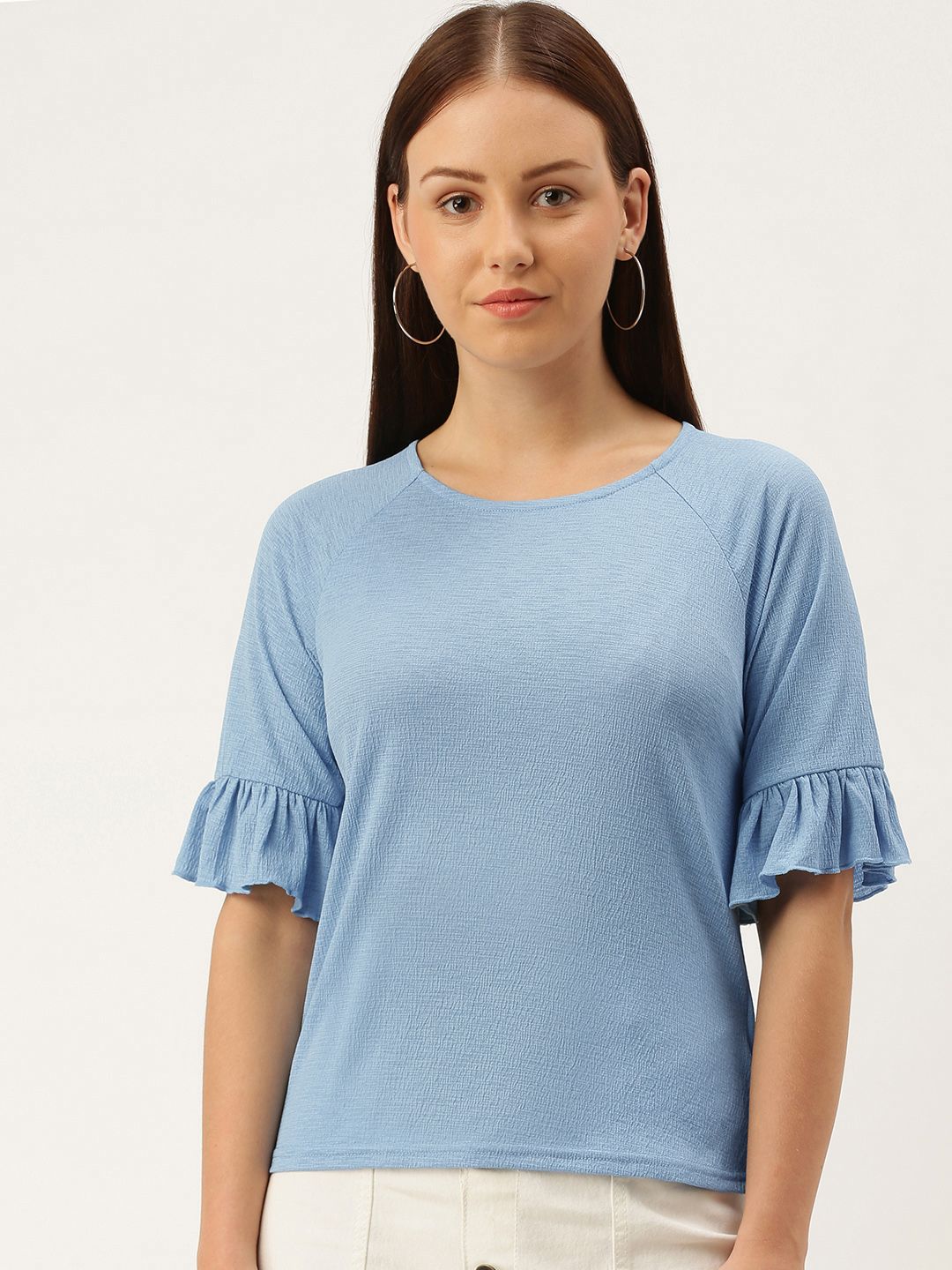 AND Blue Ruffled Raglan Sleeve Regular Top
