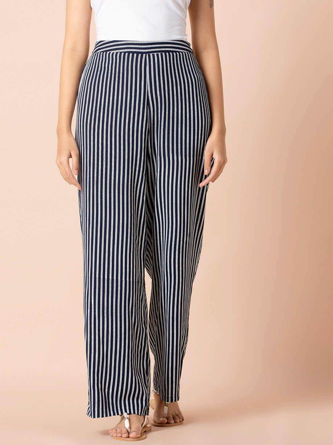 INDYA Women Blue & White Striped Straight Palazzo Pants Price in India