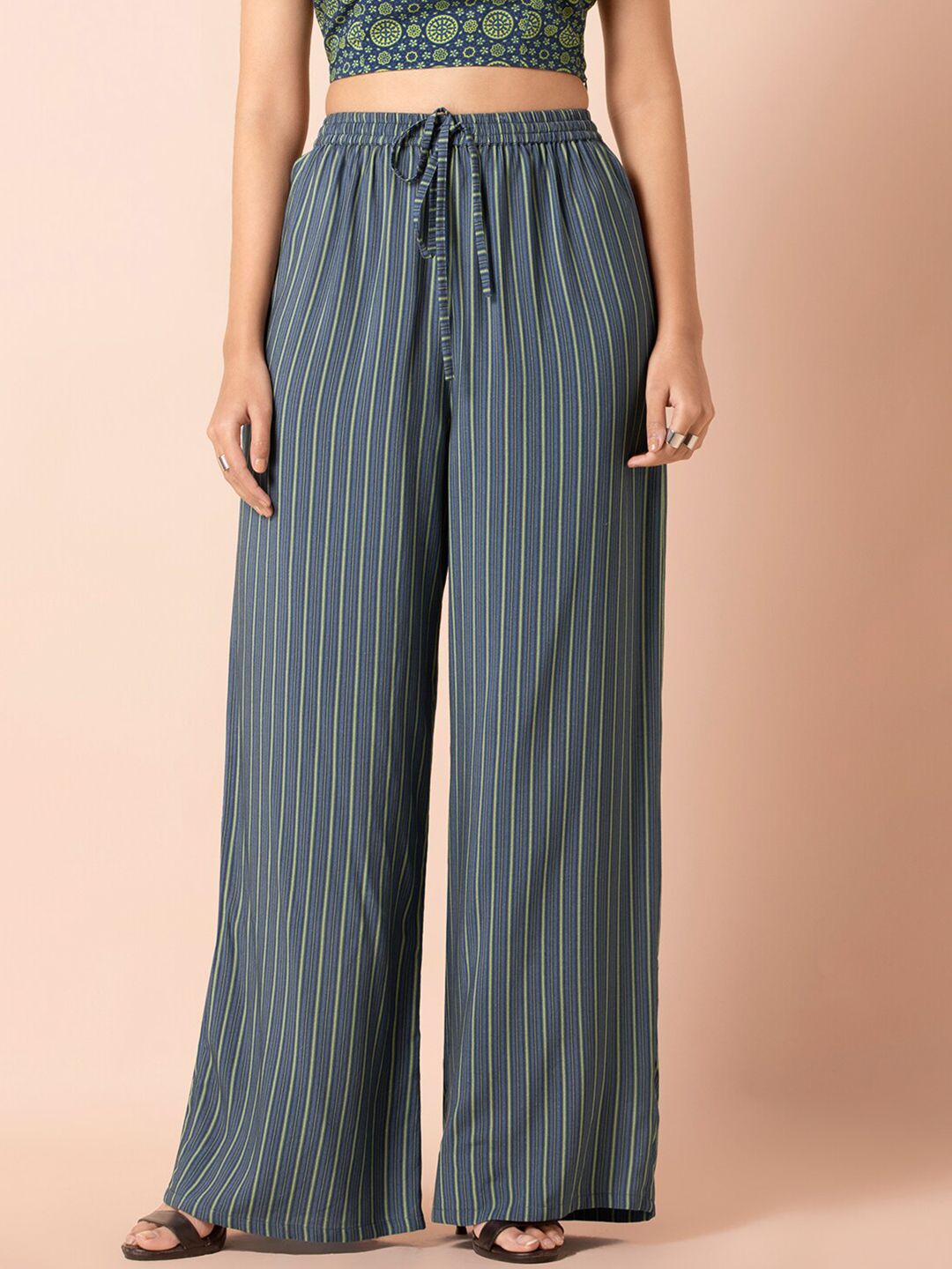 INDYA Women Blue & Green Striped Straight Palazzo Pants Price in India