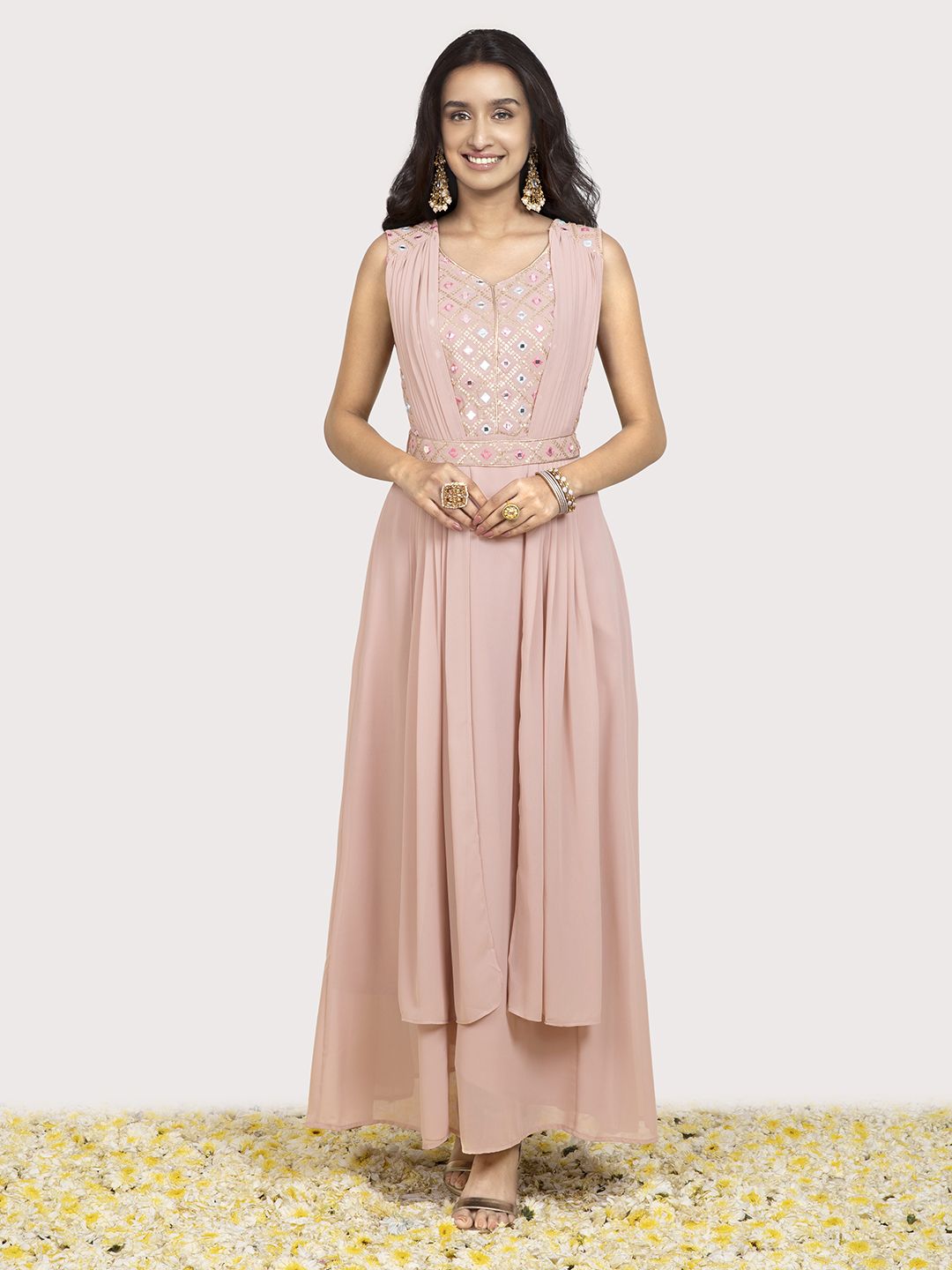 INDYA X Shraddha Kapoor Pink Blush Mirror Embroidered Front Dupatta Dress Price in India