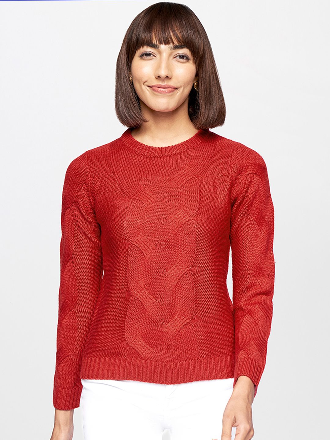 AND Women Red Self Design Pullover Sweater Price in India