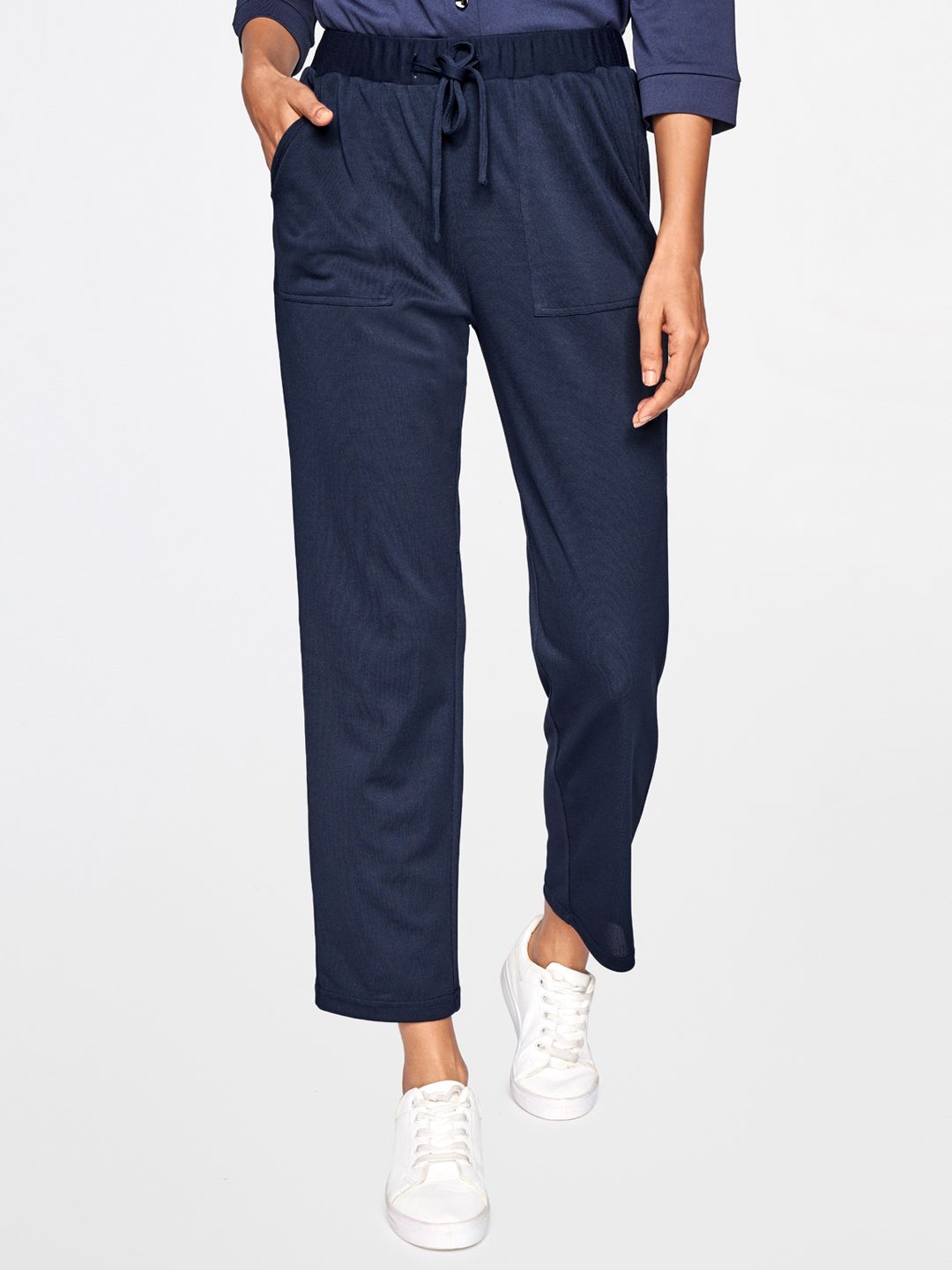 AND Women Navy Blue Tapered Fit High-Rise Trousers Price in India