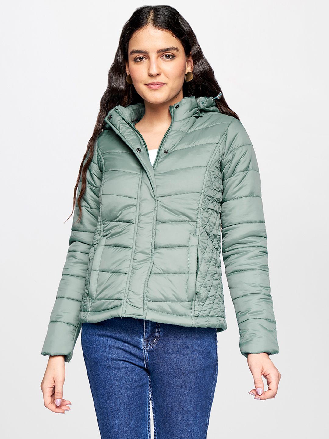 AND Women Teal Green Solid Hooded Padded Jacket Price in India